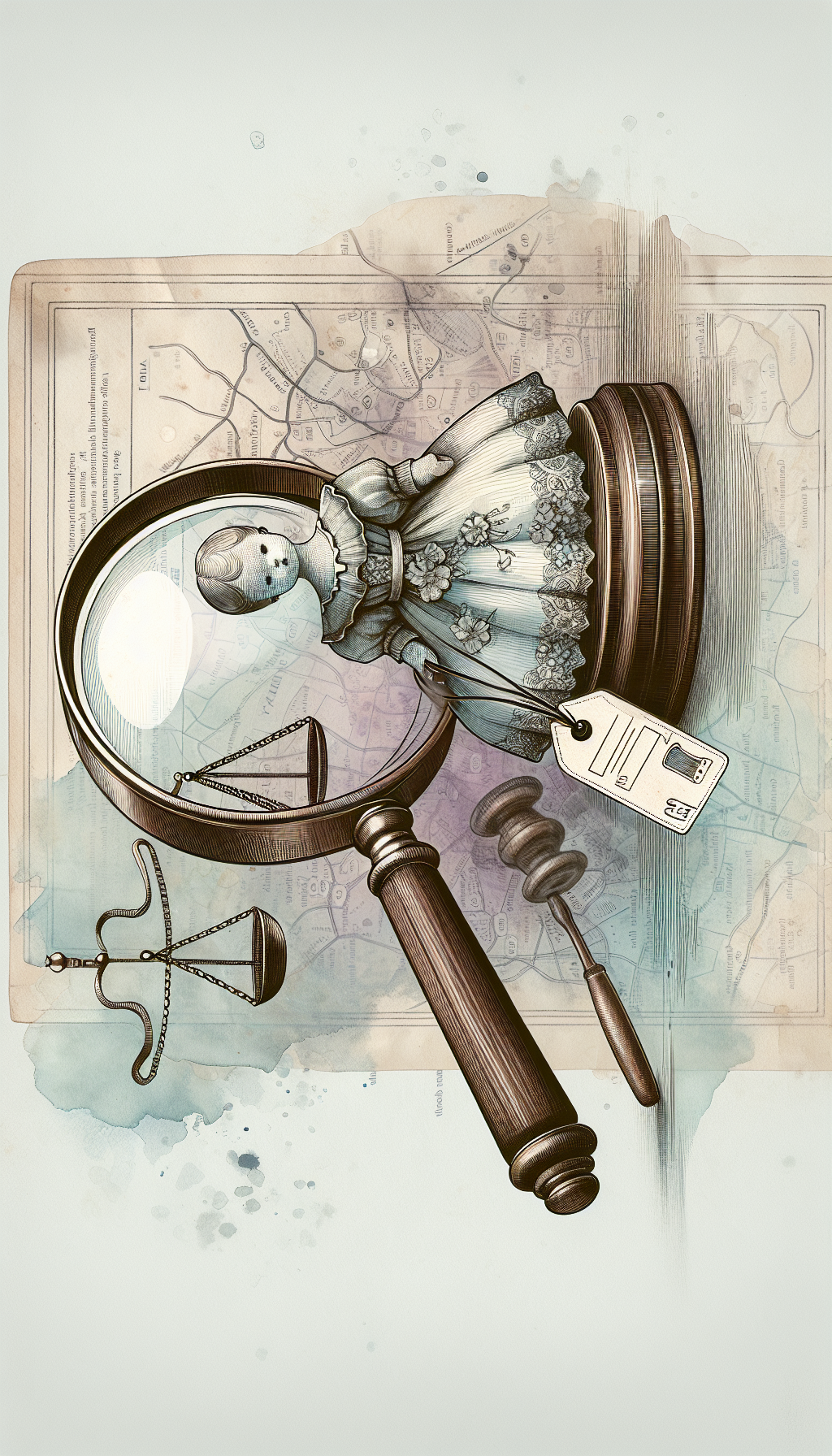 A vintage magnifying glass hovers over a classic, intricately designed antique doll, with the reflection of a gavel to signify the appraisal process. Quaint price tags dangle, hinting at the doll's potential value increase. In the background, a soft, faded map pinpoints a local appraiser, symbolizing the 'near me' concept. The styles interchange between watercolor whimsy for the doll and crisp line art for the magnifying glass and map.