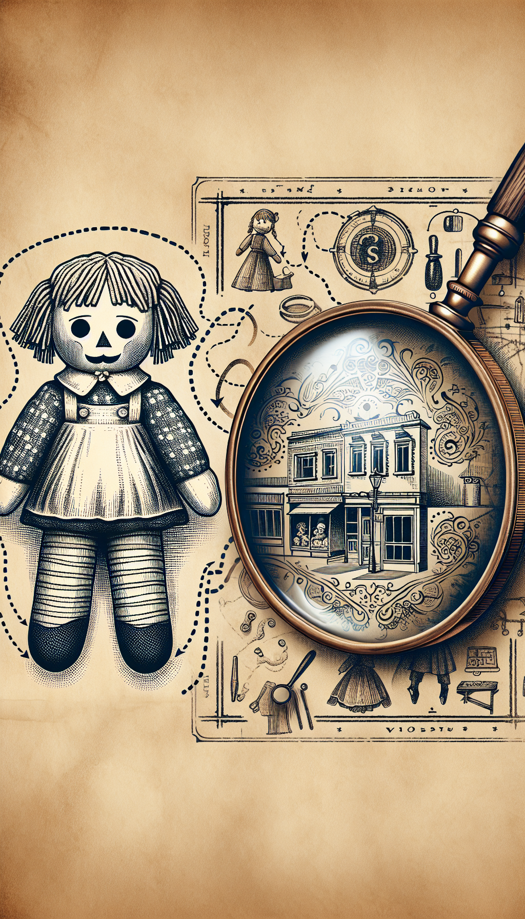 An illustration featuring a whimsical, vintage magnifying glass, with its lens showcasing a transition from a sketch of a Raggedy Ann doll on one side to a delicately inked porcelain doll on the other. Below the glass, a faded map unfurls with a dotted line leading to a local antique shop, symbolizing the journey of appraisal discovery.