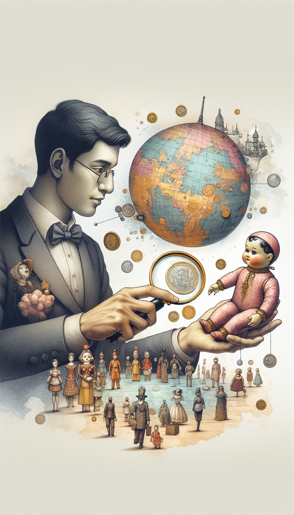 In the illustration, a nostalgic person holds an antique doll while a magnifying glass, symbolizing appraisal, hovers over it, revealing glinting coins within the doll. An ethereal map unfolds below, dotted with tiny vintage dolls representing expert locations. The artwork blends whimsical watercolors with crisp, digital lines, creating a bridge between cherished past and lucrative future.