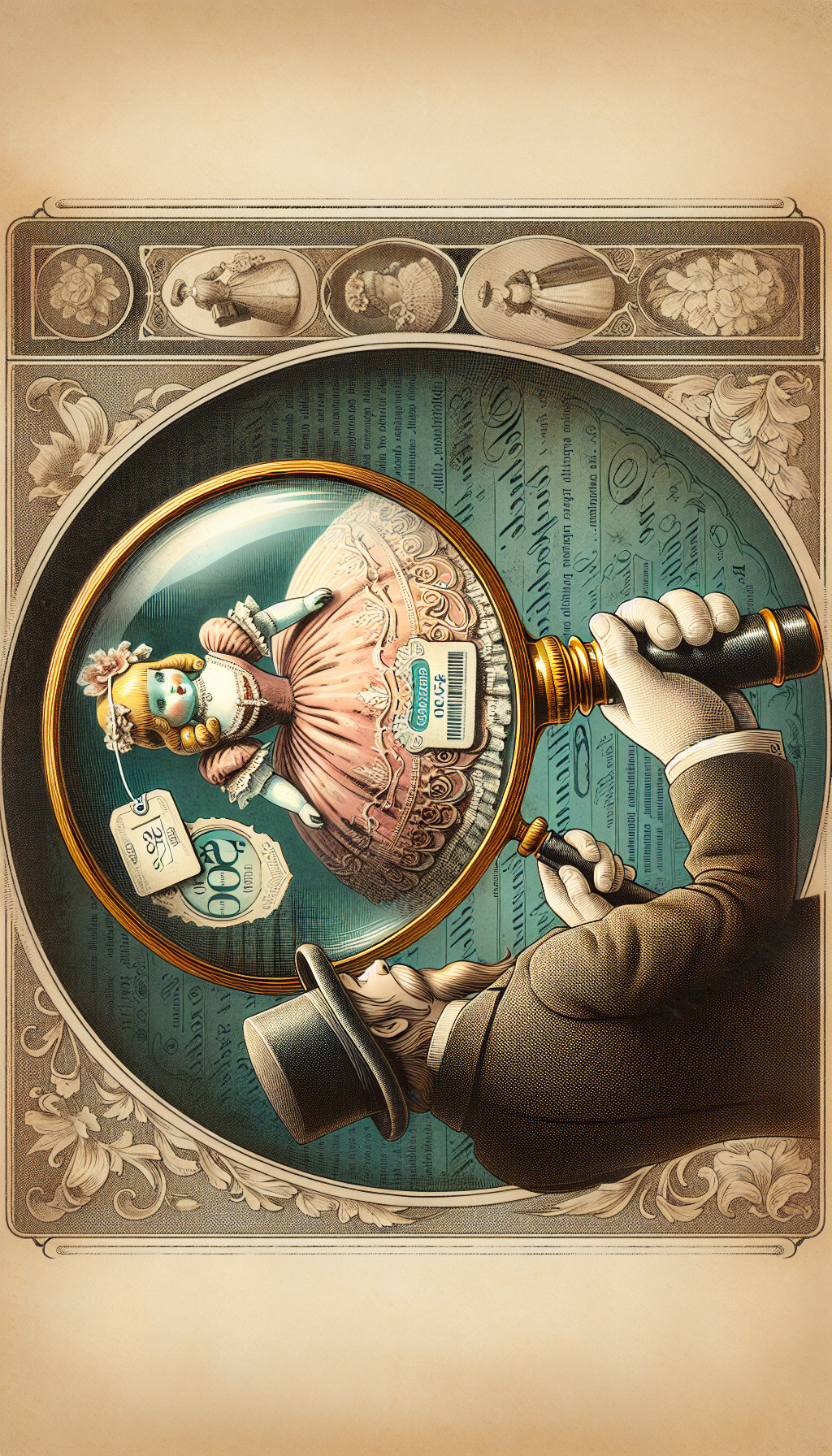 In a vignette-style illustration, a magnifying glass held by an invisible antiquarian focuses on the delicate features of an 1800s porcelain doll, with expertly painted details accentuating its antiquity. Through the lens, the doll's price tag multiplies and antique motifs, highlighting its era's distinctiveness and high value. Vintage patterning frames the scene, fusing the past’s allure with its present worth.