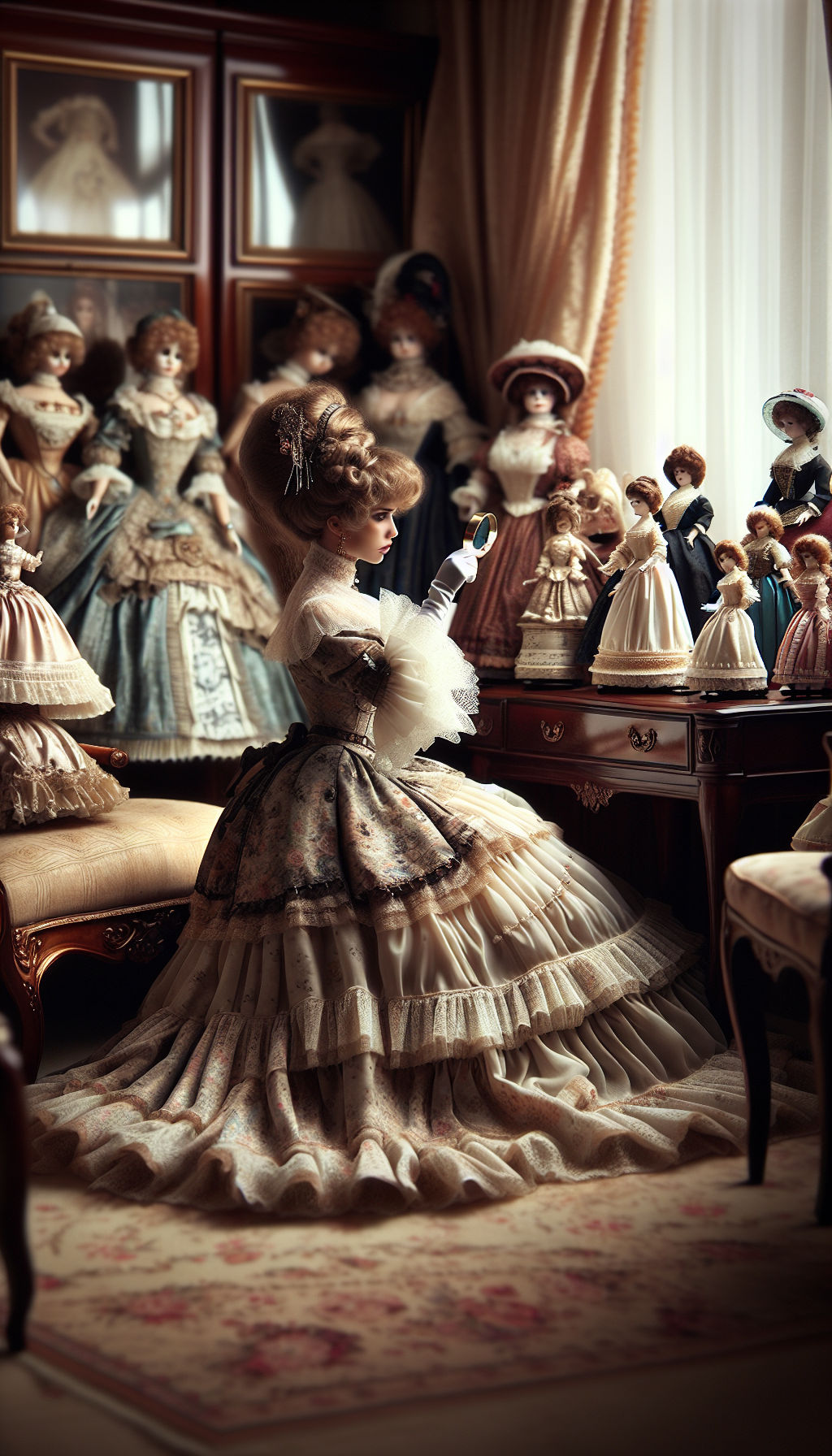 A Victorian lady gracefully seated amidst a lavish parlor, her intricate petticoat peeking out as she examines a collection of delicate porcelain dolls, each from a different decade within 1800s-1920s. She delicately holds a price tag magnifier highlighting their esteemed values, while the opulent details in her attire echo the fine craftsmanship of the dolls, bridging the eras with elegance and nostalgia.