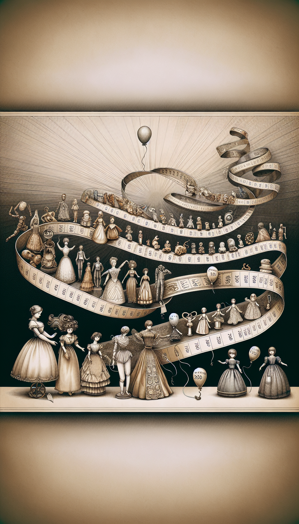 An illustration depicts a winding timeline ribbon unfurling from a bisque doll's porcelain foot to a composition doll's hand, showcasing key dolls of the 1800s-1920s at their production dates with price tags that rise like balloons, symbolizing the increasing value over time. The background transitions from sepia to vibrant colors, reflecting the historical passage and evolving collector's interest.