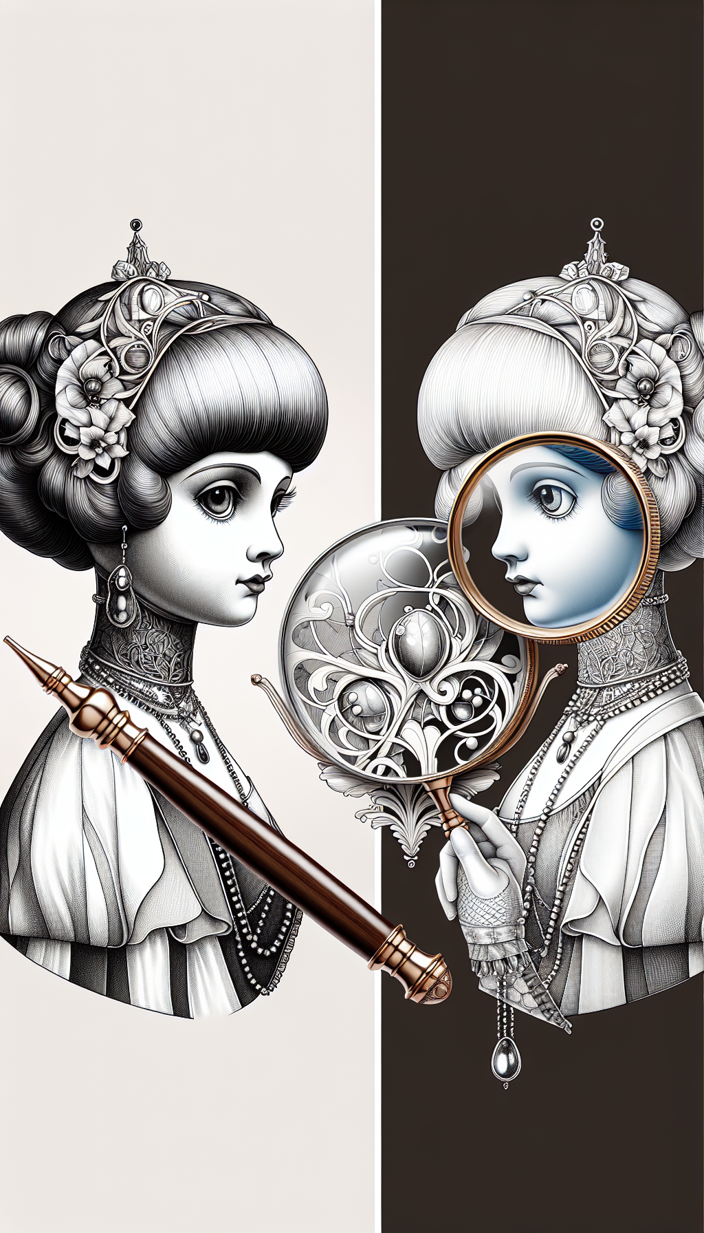 An intricate illustration showcasing a magnifying glass poised over a delicately featured, classic 1800s-style porcelain doll. The doll's face embodies the era's aesthetic, while segments of the illustration transition into different art styles, such as Art Nouveau for the clothes and Art Deco for the accessories, highlighting the timeless value and key traits of antique dolls from the 1800s to the 1920s.