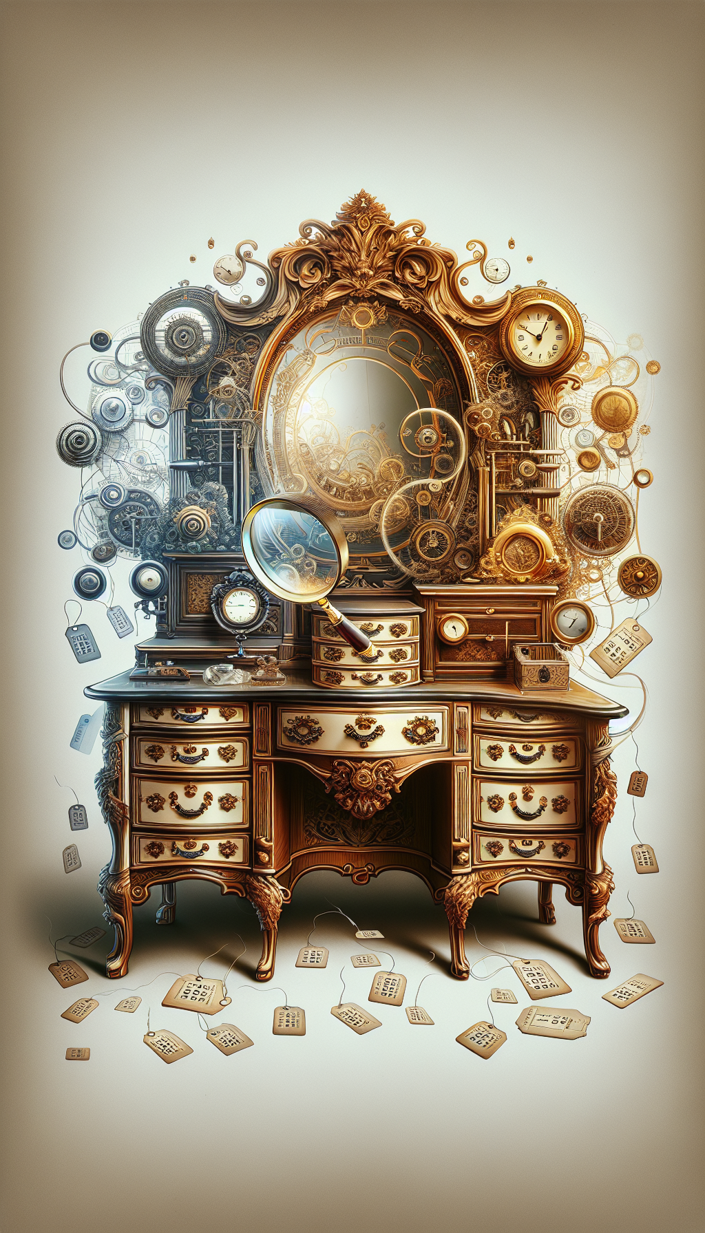 An opulent, intricately designed antique dresser with a gilded mirror stands at the center, overlaid with translucent clockwork and calendar pages to signify the passage of time. A magnifying glass hovers over, focusing on styles from different eras—Art Nouveau curves, Victorian ornamentation, and Georgian simplicity—underscored by small price tags fluttering to show fluctuating values through the ages.