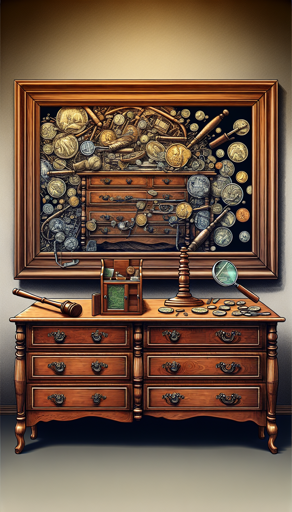 An ornate antique dresser stands against a wall, its mirror reflecting an auctioneer's gavel, a magnifying glass, and coins. The dresser appears vibrant where the reflection shows these factors influencing its value, transitioning from sketchy outlines to intricate detail and rich color within the mirror's pane, symbolizing the transformative impact of authenticity, condition, and provenance on its market worth.
