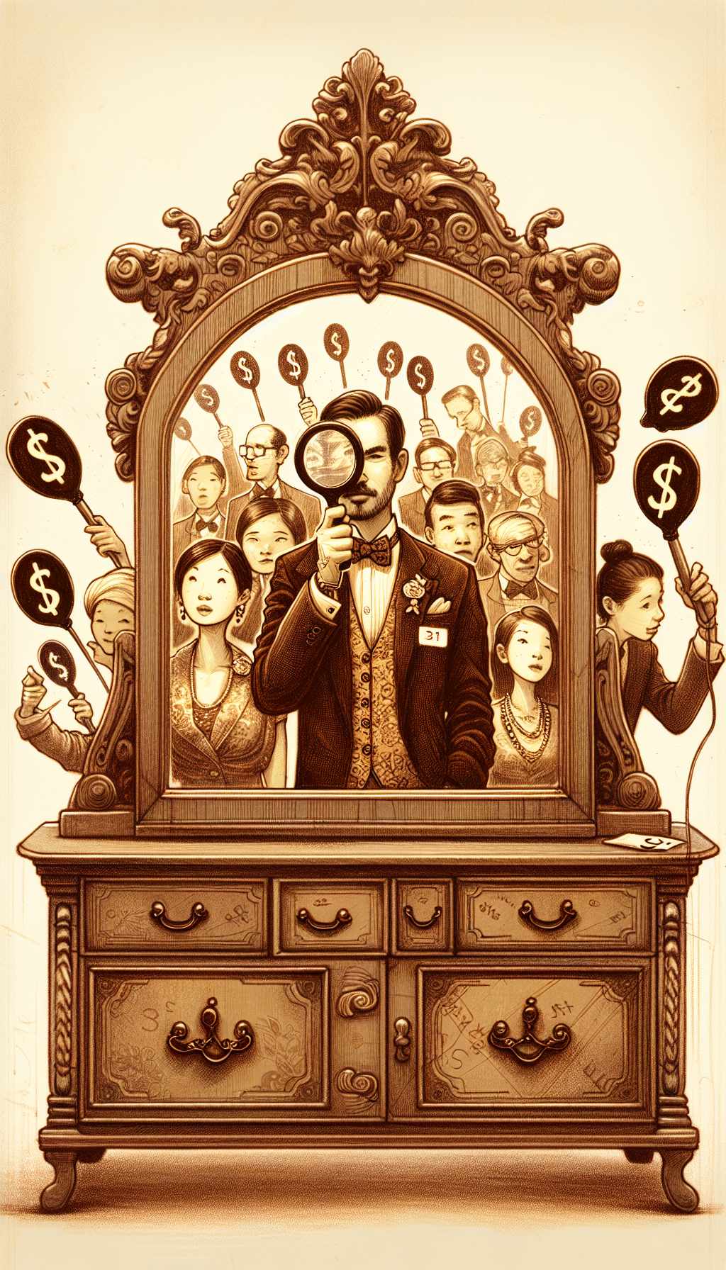 In a whimsical, sepia-toned sketch, an elegantly attired auctioneer peeks through an ornate antique dresser mirror, revealing a reflection crowded with mesmerized bidders, each clutching a magnifying glass and an auction paddle adorned with dollar signs and question marks, symbolizing the thrilling quest to discover the dresser's true value.