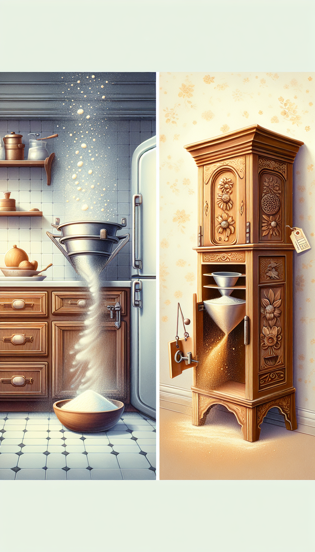 An illustration split in a whimsical, diptych style: on one side, a sleek, modern kitchen, with a clear, ghosted outline of a built-in flour sifter in action, flour floating like magic; on the other, an antique Hoosier cabinet, warm wood tones, with its sifter prominent, golden flour dust catching the light, and a price tag bearing a hefty value.