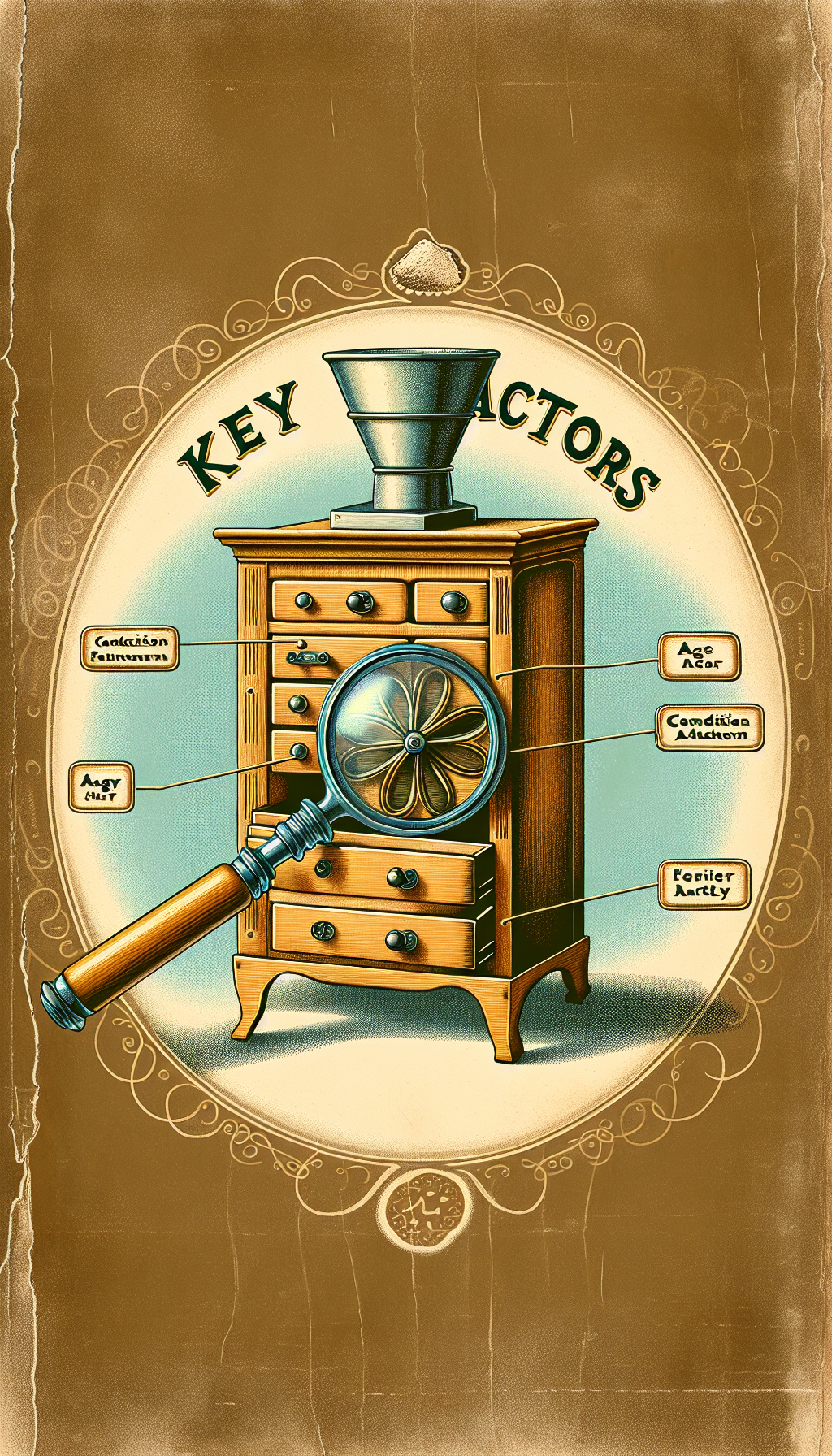 An illustration styled as a whimsical vintage advertisement features a classic Hoosier cabinet with a prominent flour sifter attachment. A magnifying glass hovers over, highlighting its patina and ornate hardware, turning them into shimmering gold accents to symbolize appraisal. The words "Key Factors" are etched on cabinet drawers, introducing elements such as age, condition, and rarity.