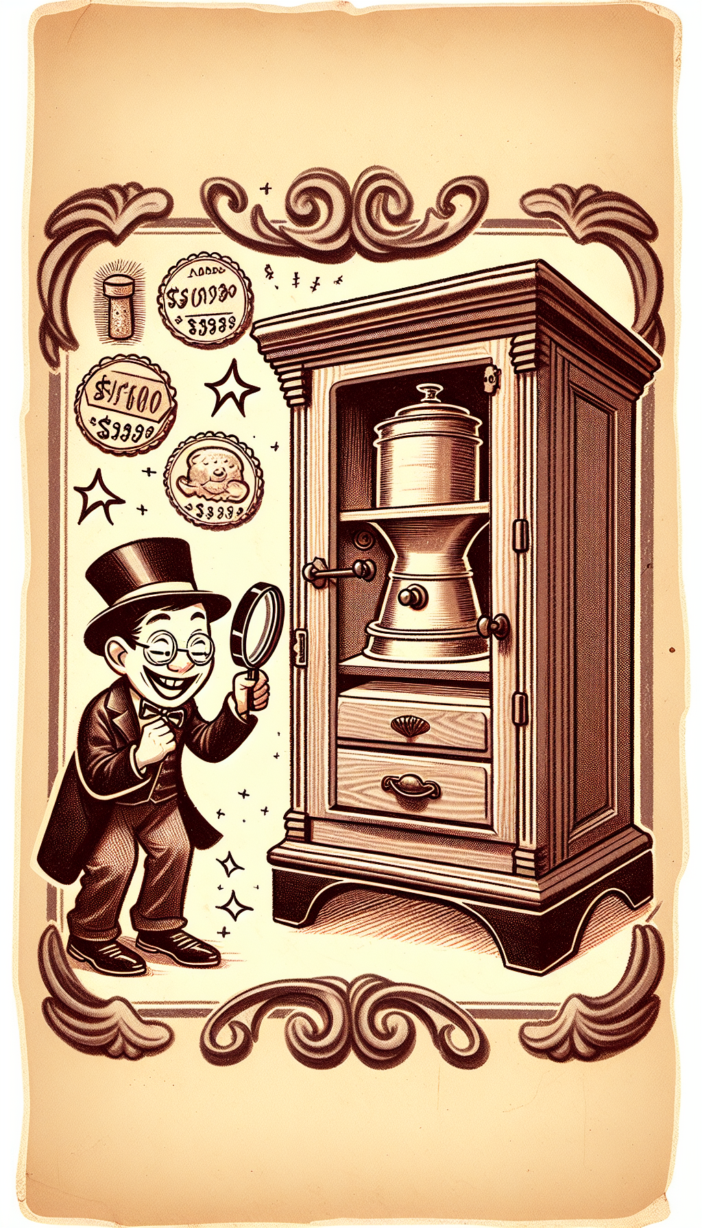 A whimsical sepia-toned illustration depicts a joyful collector holding a magnifying glass, examining the intricate details of a classic Hoosier cabinet, its door ajar to highlight a prominent, gleaming flour sifter. Vignette flourishes frame the scene, with price tags and rarity stars floating above the cabinet, symbolizing the treasure hunt and the value of the antique.