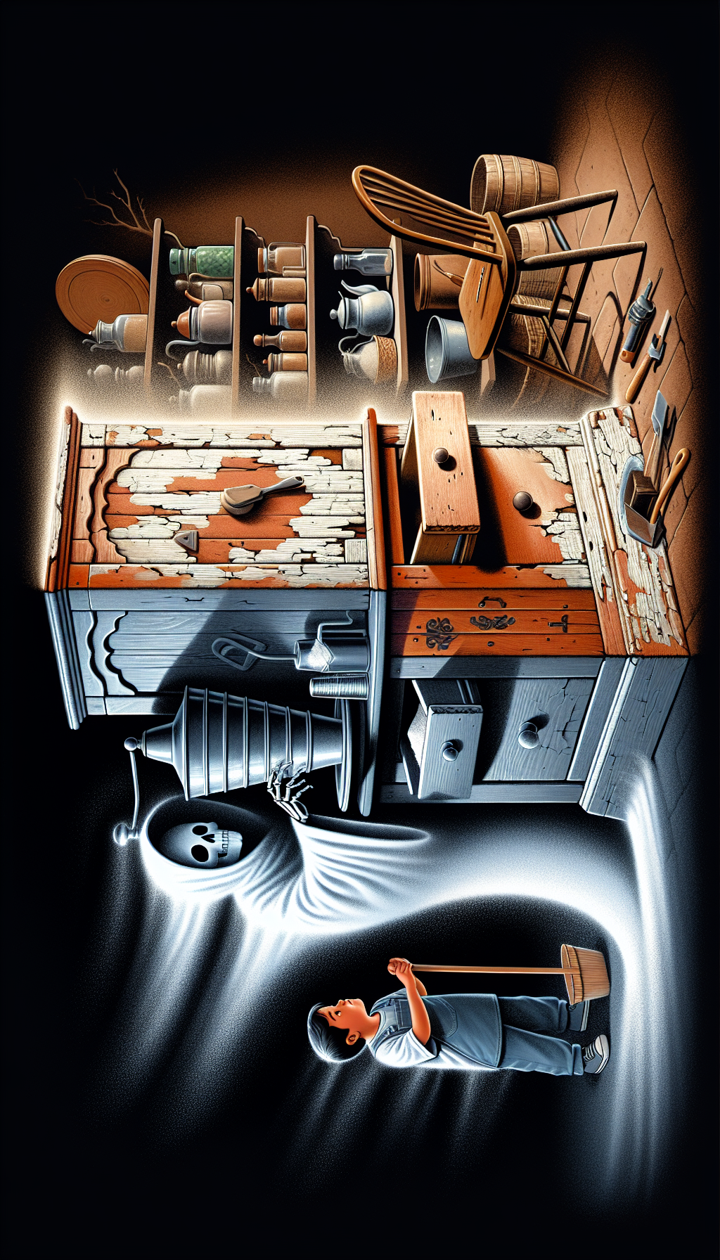 An illustration merging the past and future—half the Hoosier cabinet appears worn and tarnished, the other half restored to its original glory. A ghostly craftsman, tools in hand, works to preserve the cabinet, while a child peeks from behind, symbolizing future generations. A shining flour sifter is prominent, subtly reflecting its high antique value amidst the restoration process.