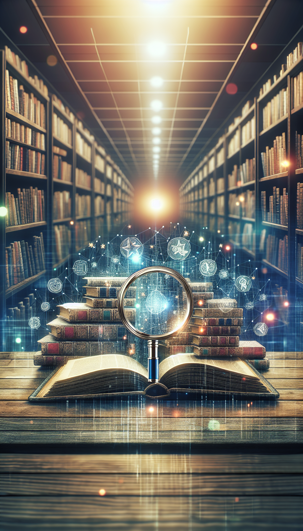An illustration features a magnifying glass hovering over a variety of antique books, each emitting a soft glow. The magnifier lens reveals hidden treasures and values within the pages, while in the background, a faded library or bookshop provides the setting. Elements of digital icons like stars or currencies subtly blend with classic woodcut or etching to show the appraisal's professional aspect.