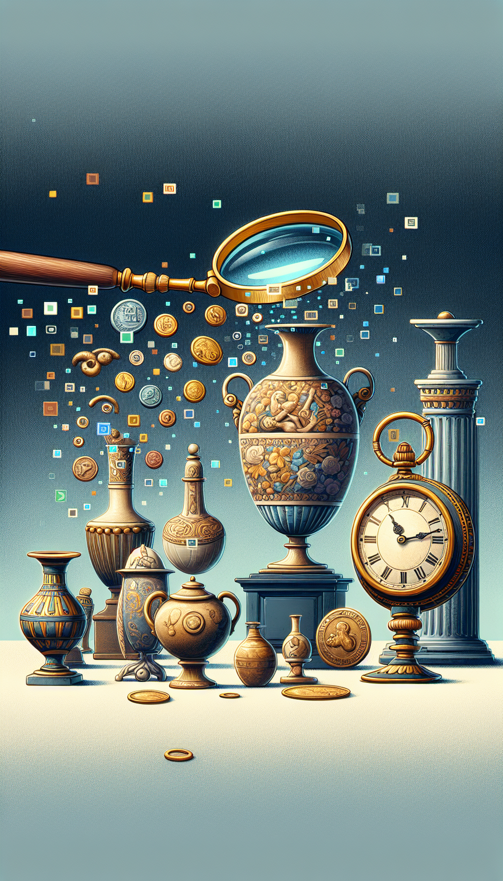 A whimsical illustration featuring a vintage magnifying glass peering over an array of antiquities – classic vases, ornate clocks, and ancient coins, which transition into digital pixels and morph into app icons. Captured mid-discovery, the scene suggests these traditional heirlooms revealing their secrets and value through the transformative power of modern antique identification apps.