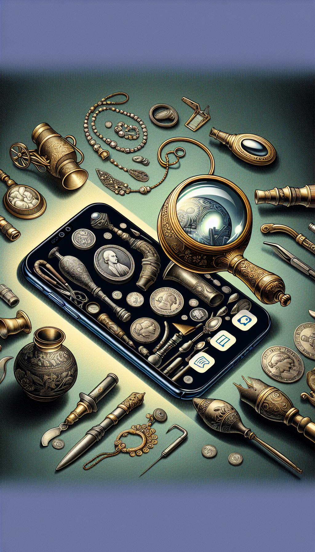An illustration showcasing an elegantly aged magnifying glass, which transforms into a sleek smartphone toward the handle, peering over a collection of antique items like jewelry, coins, and vases. On the phone's screen, a user-friendly app interface displays estimated values and historical data. The merging of old and modern elements highlights the fusion of traditional antiquing with contemporary technology.