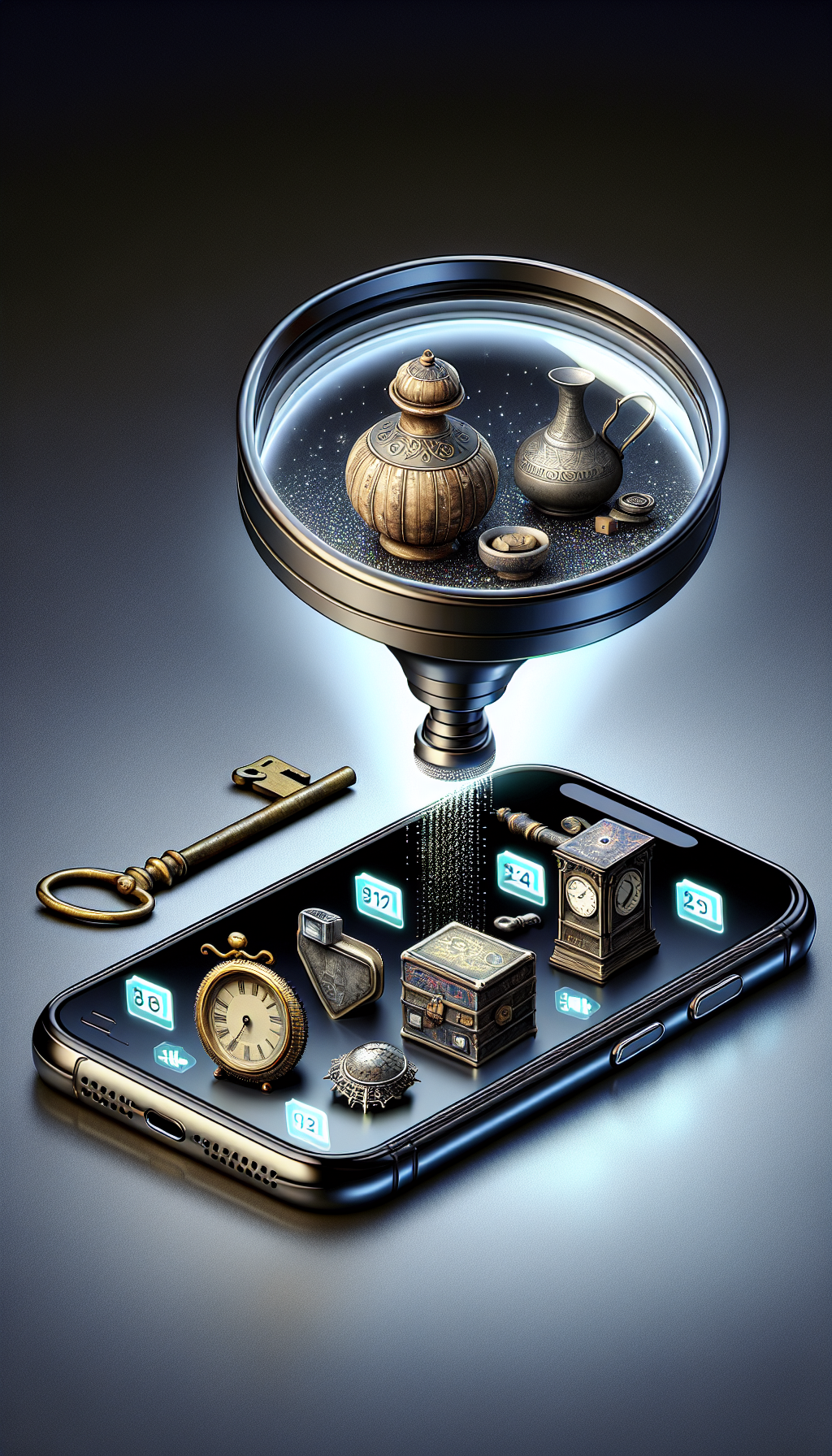 An illustration depicting a sleek smartphone magnifying glass emerging from the screen, under which a collection of antiques—a dusty old clock, a vintage vase, and a rusty key—are transformed into shimmering digital, pixelated treasures, each with a floating tag displaying their value. The smartphone casts a glow over the items, symbolizing the enlightenment the app provides to antique hunters.