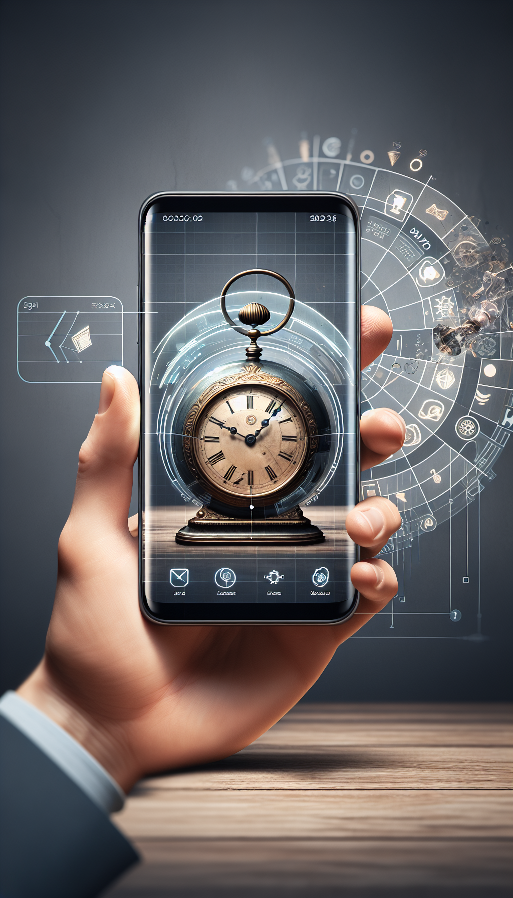 A hand holding a smartphone displaying an antique identification app; from the screen emerges a "holographic" expert appraiser, inspecting a 3D vintage clock. Digital icons representing app insights swirl around the clock, suggesting real-time data analysis. The style juxtaposes the modern, sleek smartphone design against the Victorian intricacy of the holographic clock and appraiser, embodying the fusion of technology and traditional expertise.