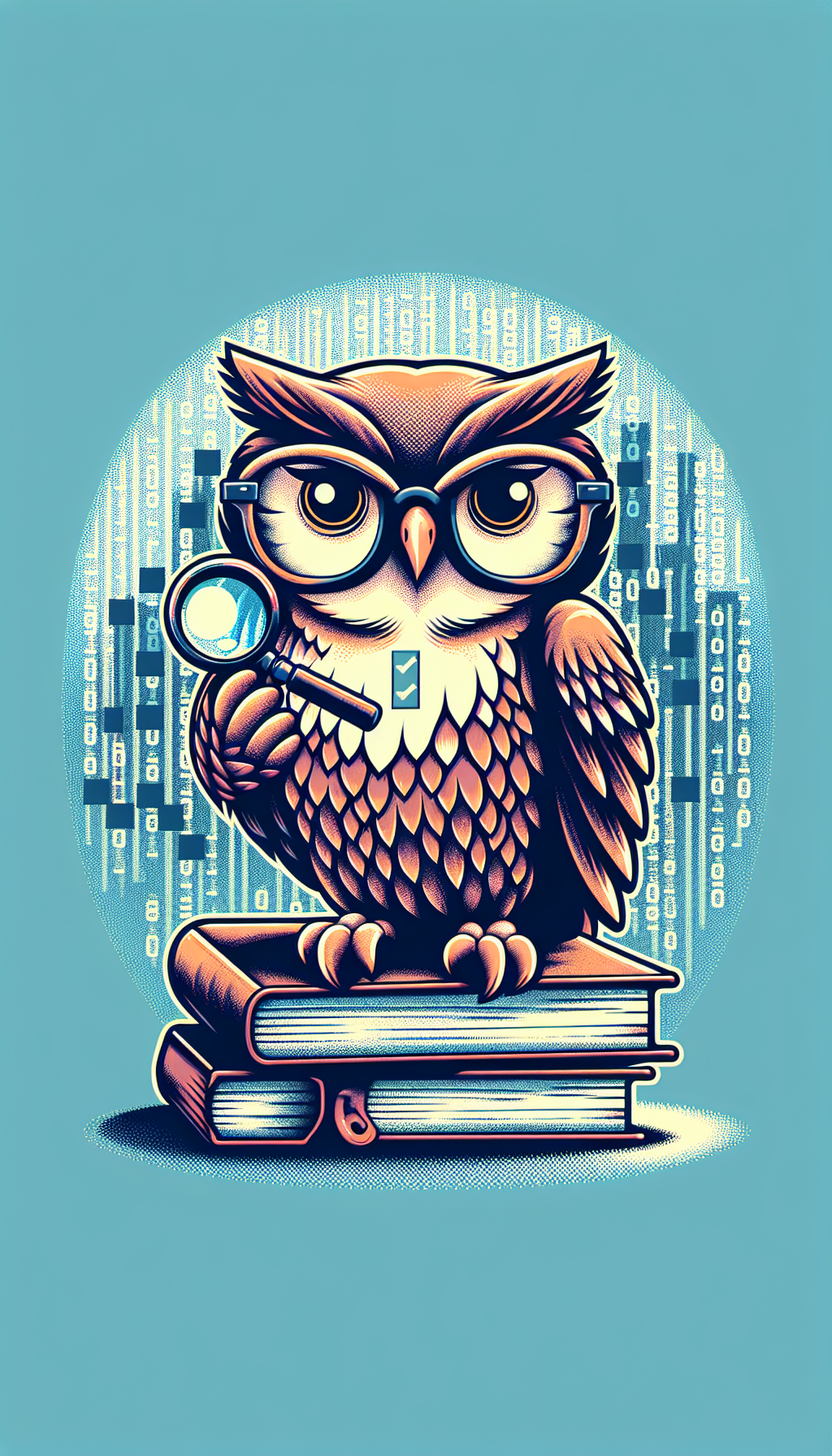 An illustration of a bespectacled owl, perched atop a pile of antique books, holding a magnifying glass in one talon and a checklist in the other. The owl exudes wisdom and attention to detail, symbolizing the self-appraisal process. Behind it, a silhouette of bookshelves fades into a backdrop of whimsical, digital binary code, representing a blend of traditional and modern appraisal techniques.