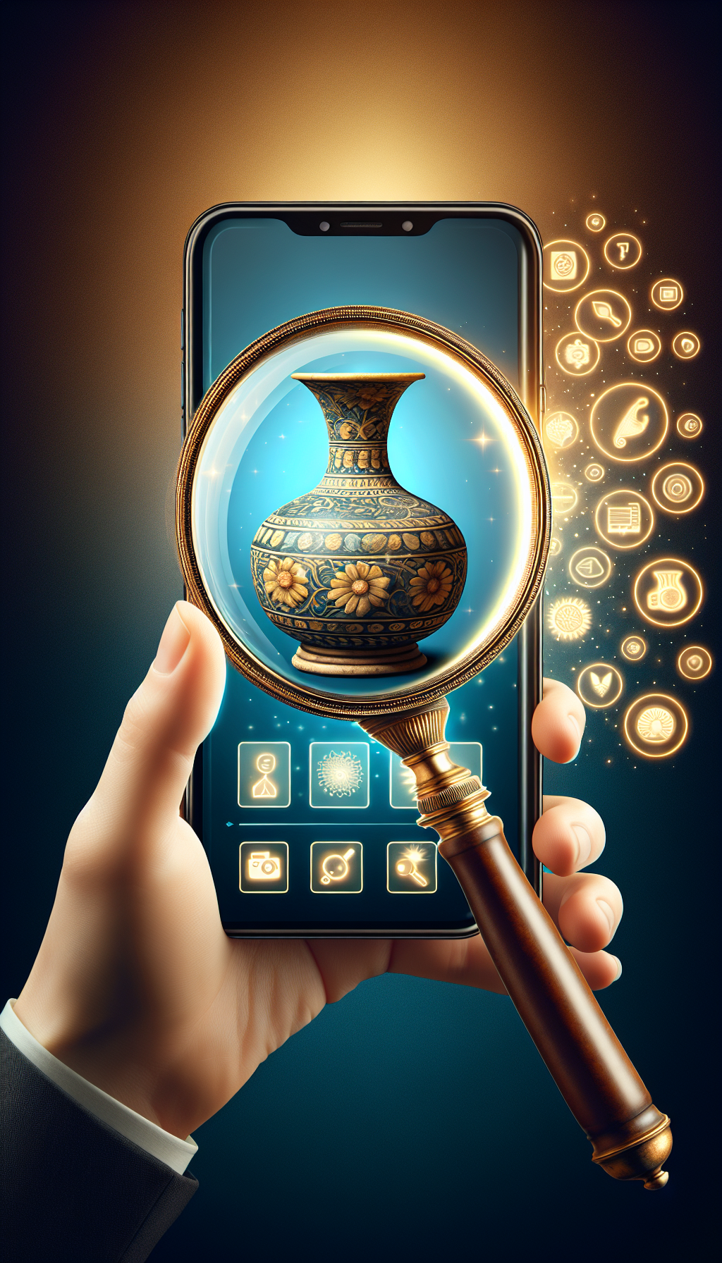 A whimsical drawing showcases an antique magnifying glass that doubles as a smartphone. Its screen displays a classic vase being scanned, with an overlay of floating app icons featuring various historical periods. The magnifying glass reveals intricate patterns on the vase unseen to the naked eye, symbolizing the app's power to delve into the past.
