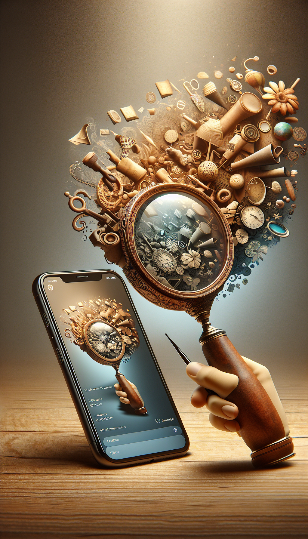 A whimsical juxtaposition of past and present: a vintage magnifying glass that seamlessly transitions into a sleek, modern smartphone. Through its lens, a sepia-toned world bursts into vibrant pixels, revealing the hidden history of antiques. The screen displays an intuitive 'Antique Identifier' app interface, unearthing tales and timelines as fingertips dance across the age-old artifacts brought to life.