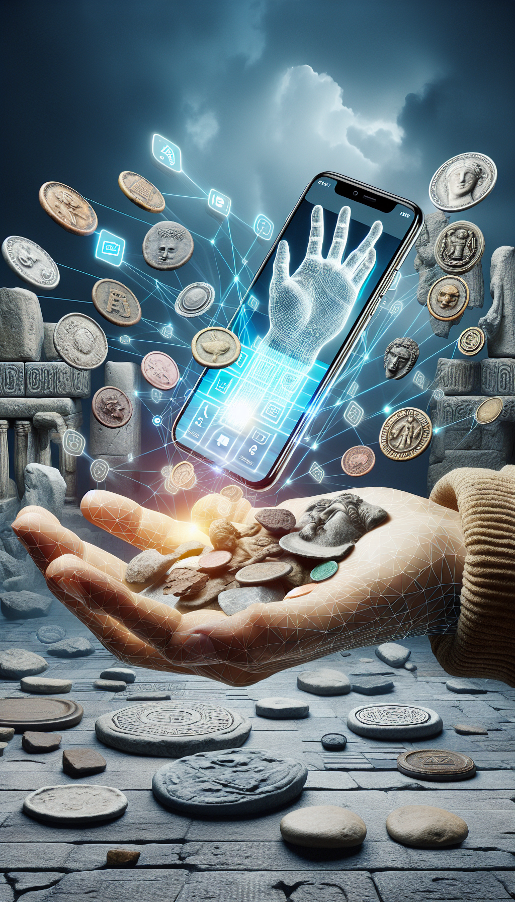 A smartphone screen displaying an app interface hovers above an outstretched hand sprinkled with ancient coins and artifacts, with digital lines connecting each piece to pop-up information blurbs. The hand intersects dimensions - half modern, half ancient - with background contrasts of sleek tech and stone tablets, symbolizing the link between present and past through technology's treasure-identifying magic.