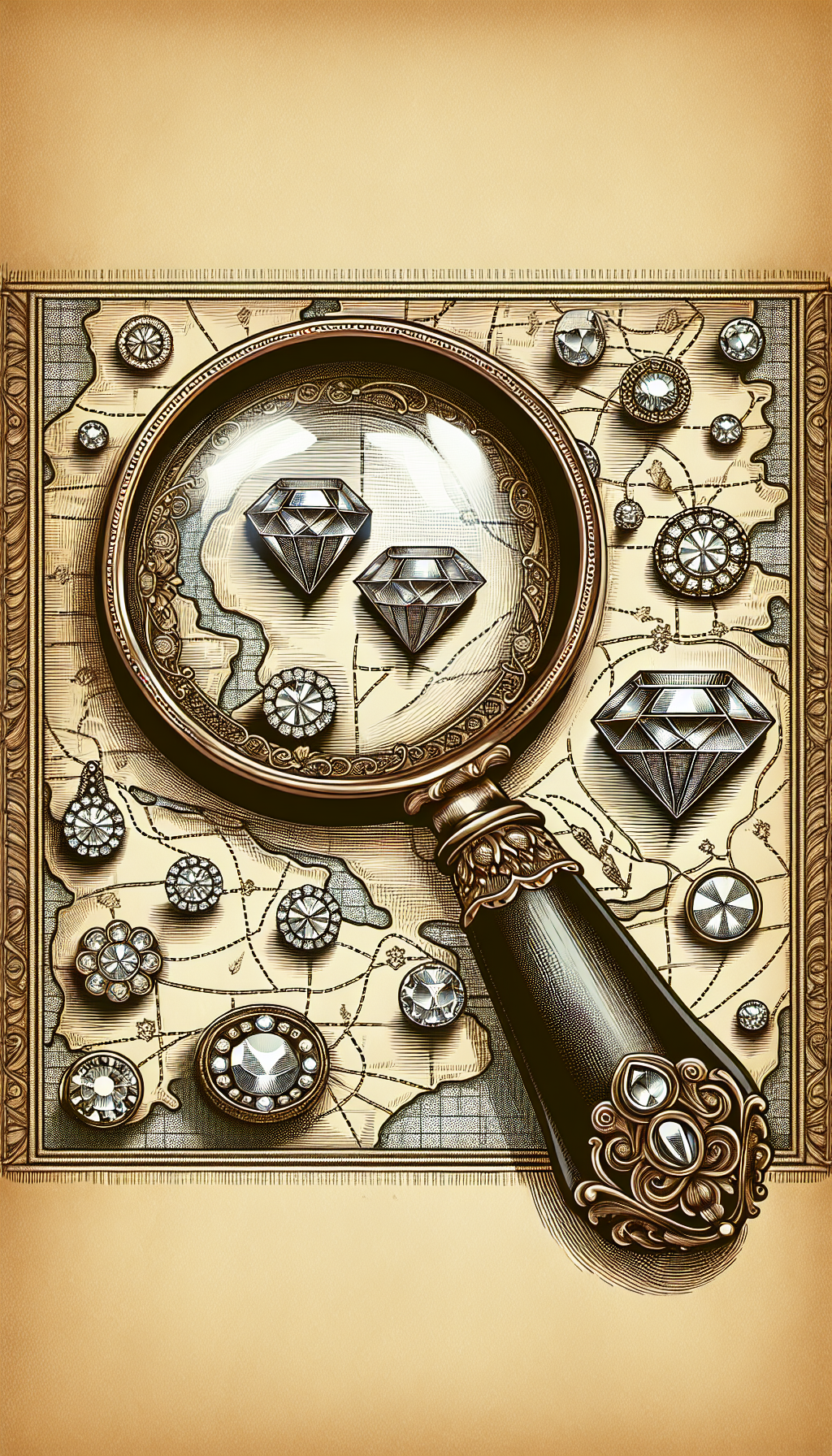 An illustration of a magnifying glass adorned with intricate vintage jewelry patterns, peering over a stylishly old-fashioned map dotted with sparkling jewels to mark the locations of expert appraisers nearby. The magnifying handle is shaped like an antique brooch, symbolizing the blend of the search for expertise and the charm of antique jewelry appraisals.