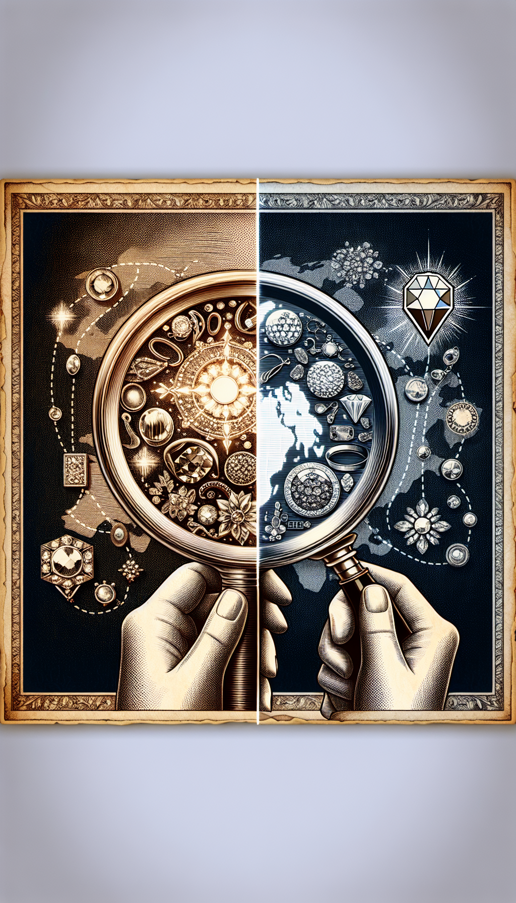 An intricate border frames an illustration where a magnifying glass reveals two worlds: one side showcases shimmering antique jewelry under expert scrutiny, while the other displays mundane trinkets. A subtle map overlay pinpoints the appraiser's location with a sparkling gem icon, suggesting the proximity of antique jewelry appraisal services. The contrast in style between the radiant treasures and the dull trinkets emphasizes the expertise involved in appraisal.