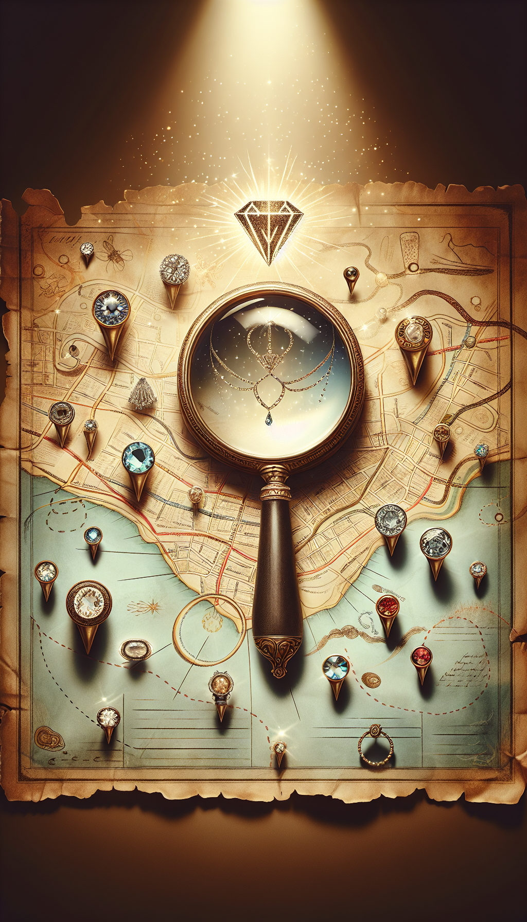 An elegant, vintage magnifying glass, cleverly framed by a loop of twinkling antique jewelry, peers into a map marked with glistening location pins, each pin crowned with tiny gemstone illustrations. The map unfurls across an aged parchment backdrop, symbolizing the search for local appraisers, with light, whimsical brushstrokes adding a touch of modernity amidst the ancient allure.