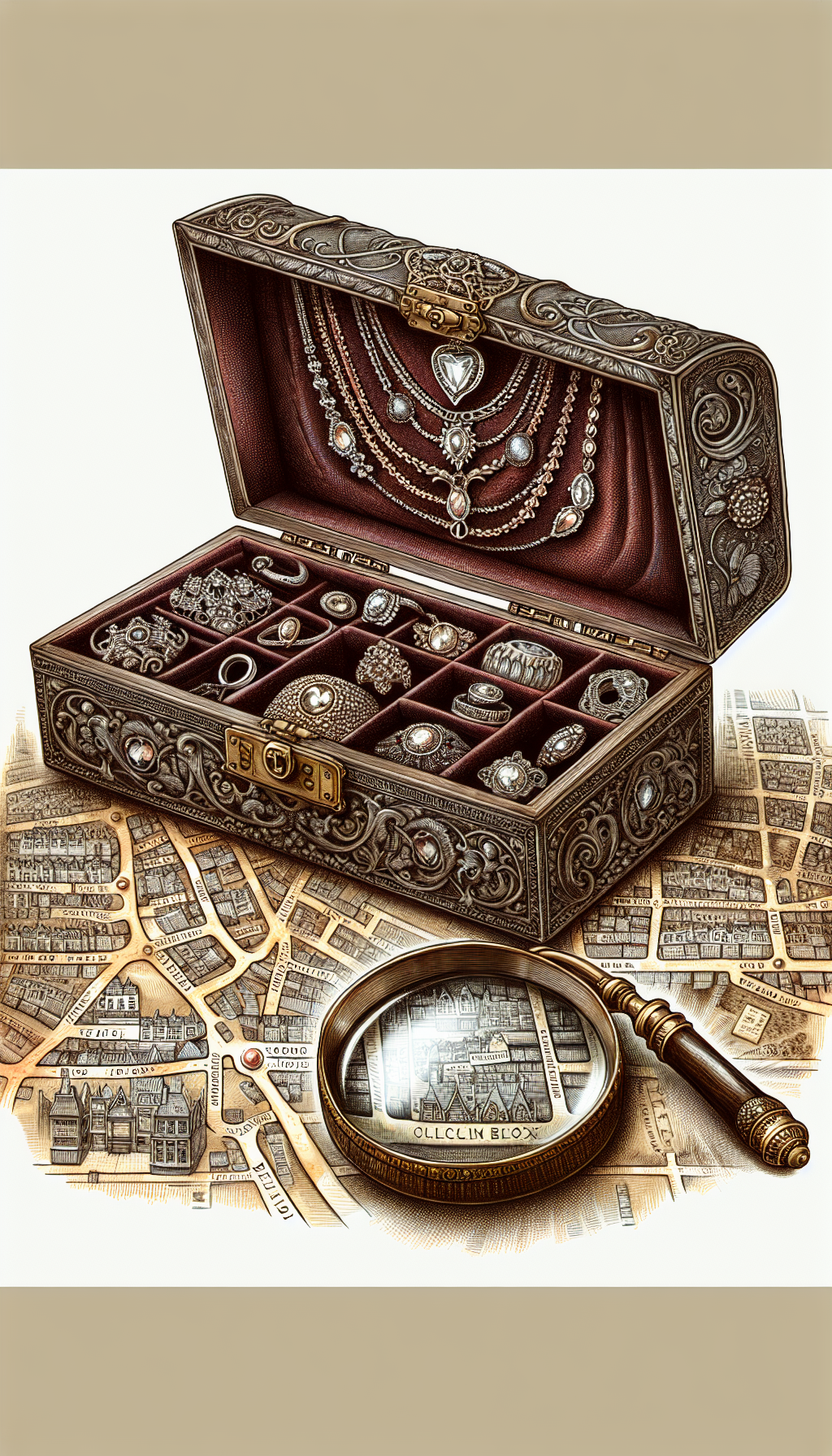 An intricately drawn antique jewelry box, slightly ajar, revealing a glimmering array of vintage jewelry pieces. Nested on an illustrated vintage map that highlights local streets and pinpoints, symbolizing 'near me', with an elegant magnifying glass overlaying the map and zooming in on a sparkling brooch to imply professional appraisal.