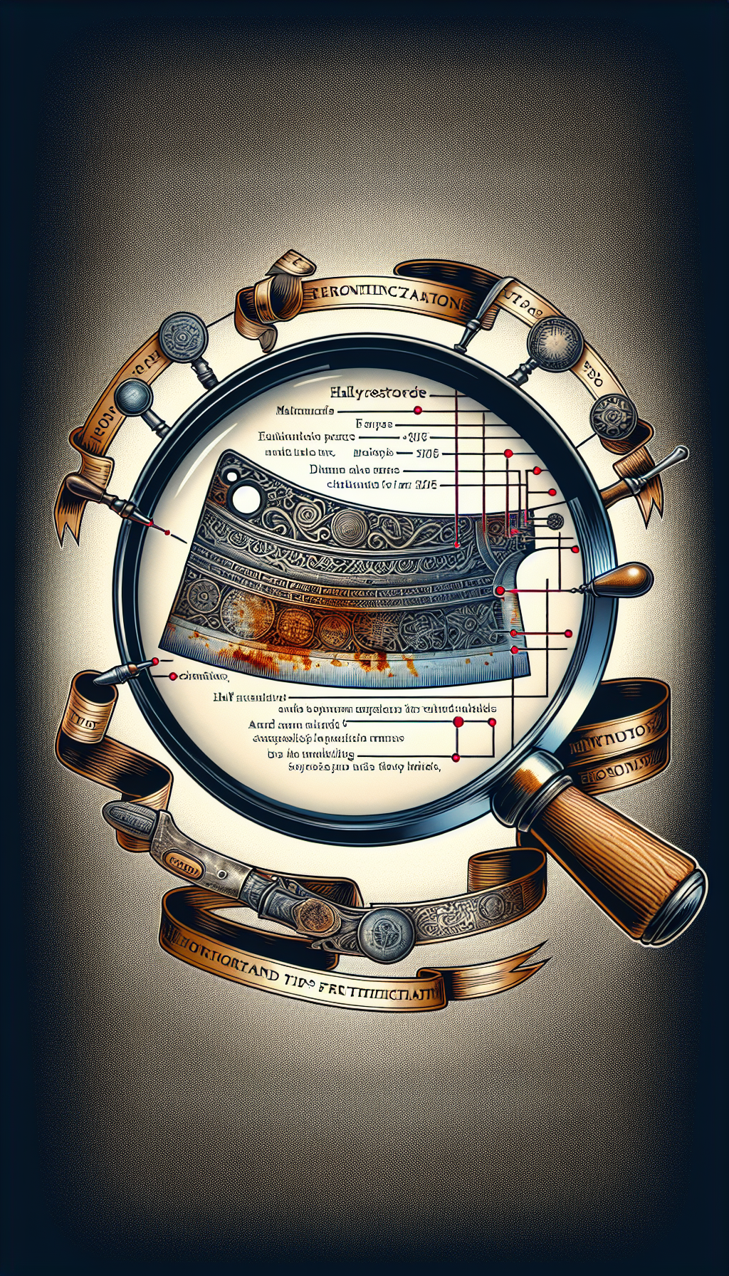 An illustration featuring a magnifying glass focusing on unique patina patterns and maker's marks of a half-restored cleaver, blending from rust to gleaming metal. The handle is wrapped in a ribbon, which transforms into a timeline of key authentication tips. Each period marked on the ribbon represents different eras of production, etched with stylistic flourishes from the corresponding time periods.