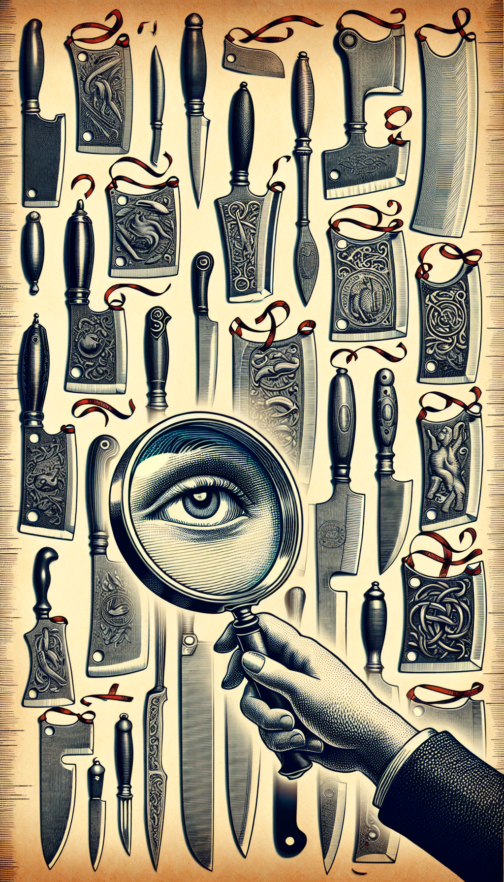 A vintage-inspired illustration featuring a wall display of various antique meat cleavers, each with its unique handle and blade design, labeled with curvy ribbons indicating their era and style. In the foreground, a magnifying glass hovers over one cleaver, details under scrutiny, symbolizing the identification process. The peering eye through the glass suggests the careful study of distinctive signatures.