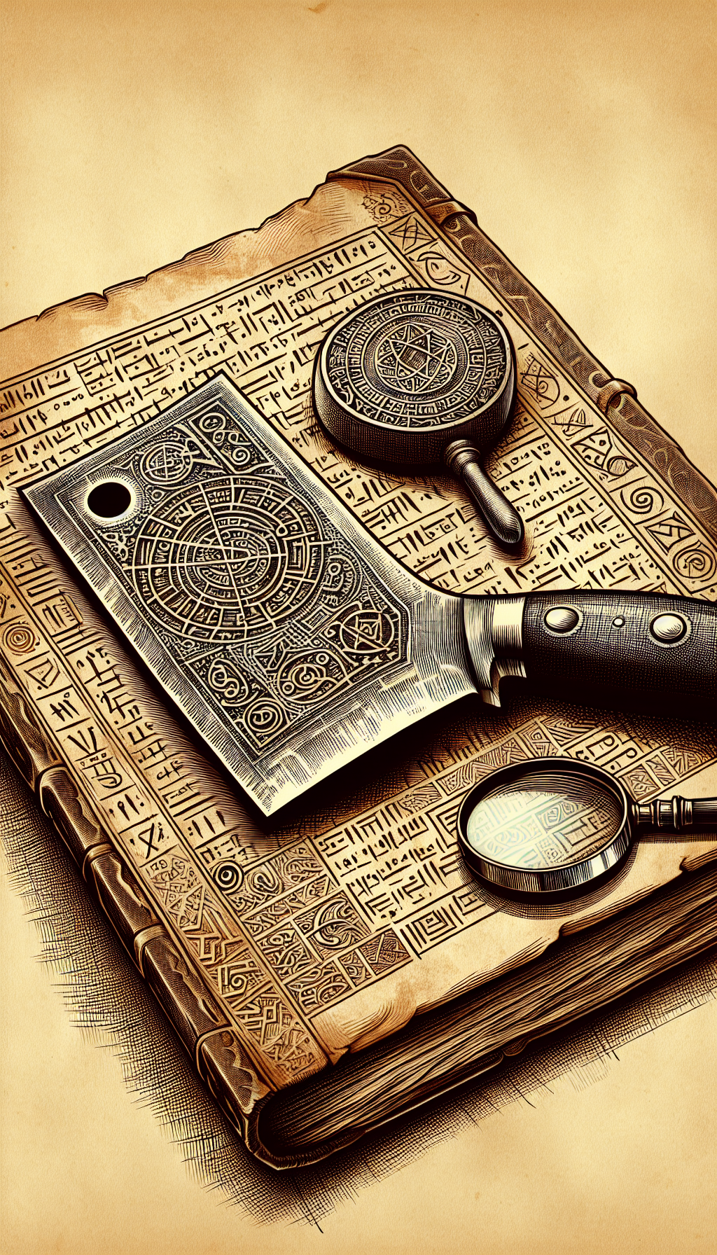 An illustration of a weathered antique meat cleaver resting on a faded manuscript. The cleaver's blade is etched with intricate, cryptic stamps and symbols that blend into ancient texts beneath, alluding to a historical narrative. A magnifying glass sits alongside, highlighting details and implying the process of decoding hidden stories behind the markings. The styles alternate between vintage, sepia-toned realism and vibrant, modern linework for contrast.