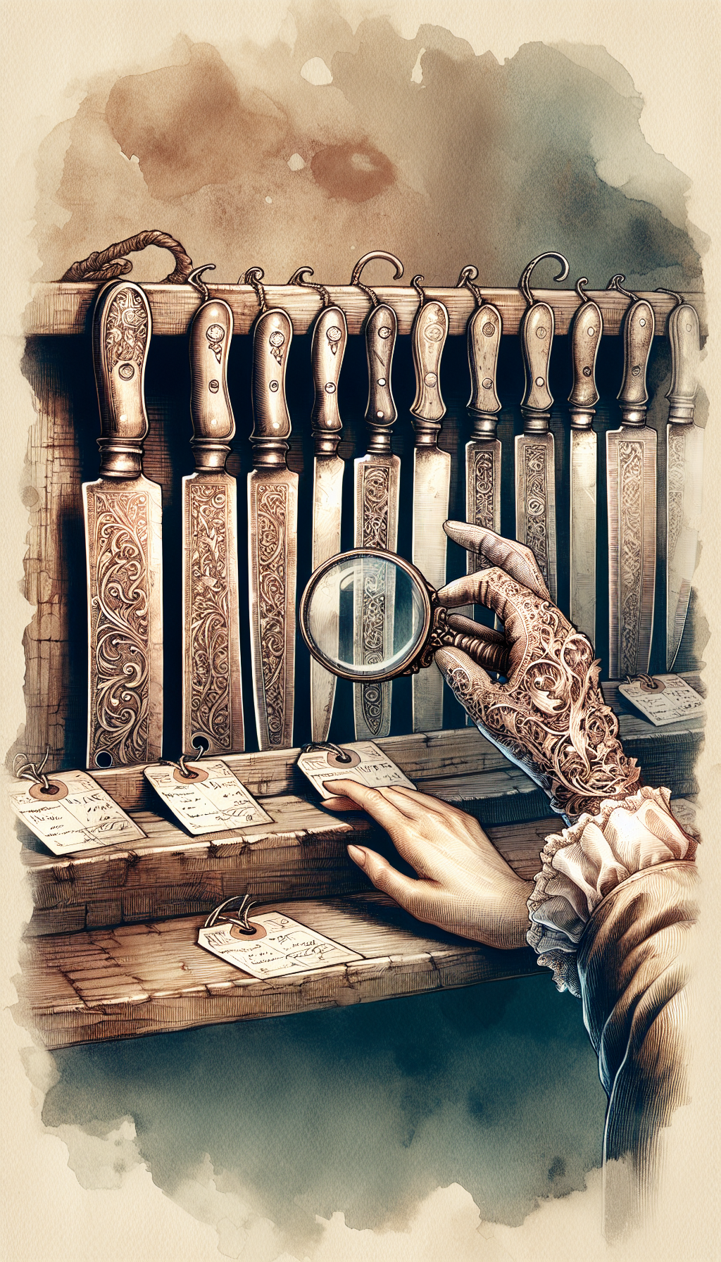 An elegant, gently aging hand in vintage attire dusts a row of ornate, antique meat cleavers aligned on a rustic wooden shelf, their unique engravings glowing. Each cleaver bears a tag with dates and origin, hovering magnifying glass revealing the intricate details for identification. Background styles shift from watercolor softness around the hand to sharp, etched lines near the identifiers.