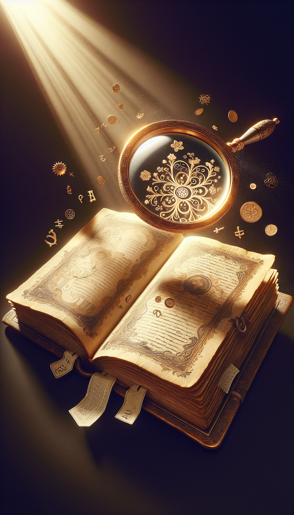 A magnifying glass hovers over a whimsical open book with golden, ornate pages, revealing hidden symbols and price tags amidst the dust particles dancing in a beam of light. The book radiates a mysterious glow, suggesting the hidden value within, while archaic fonts and currency symbols float around, signifying the art of valuation in antique book collecting.