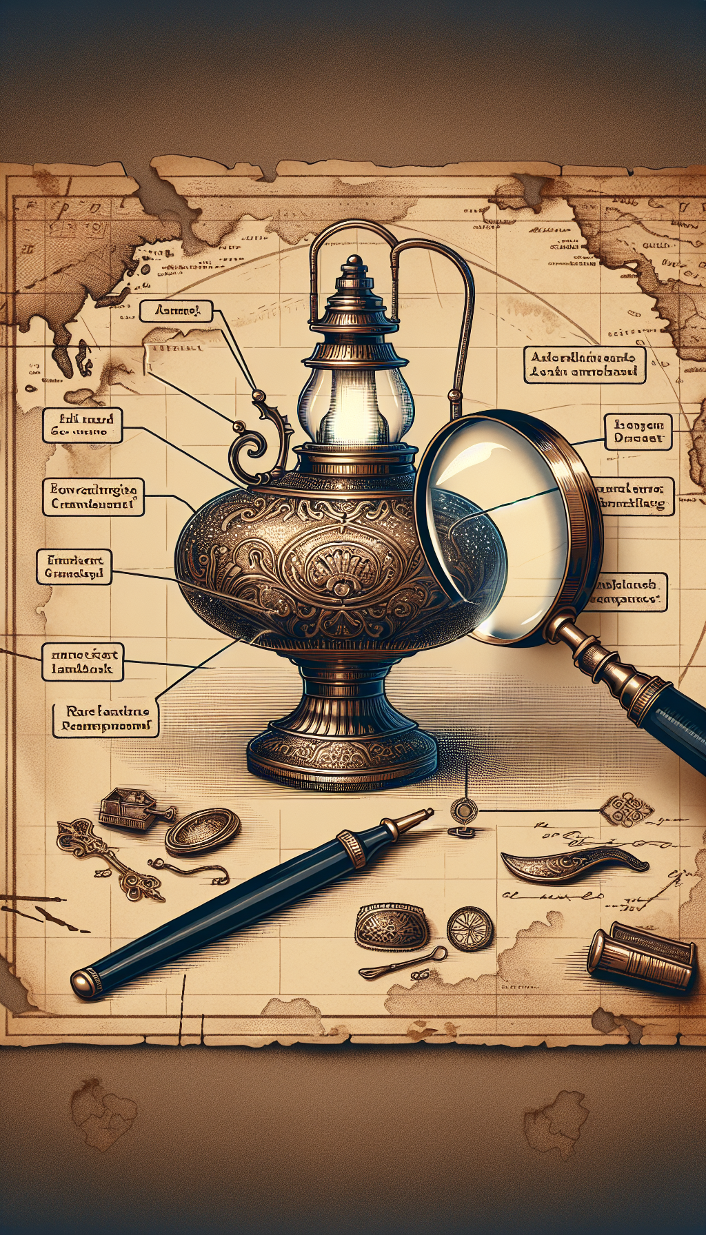 An illustration depicts a vintage, ornately decorated oil lamp, positioned beneath an oversized magnifying glass that reveals shimmering, previously unseen details and markings. Accompanying the lamp are small labels highlighting its unique attributes like "1860's craftsmanship" or "rare maker's mark," all against the backdrop of a faded treasure map, subtly conveying the concept of discovering the valuable antique's rarity and worth.