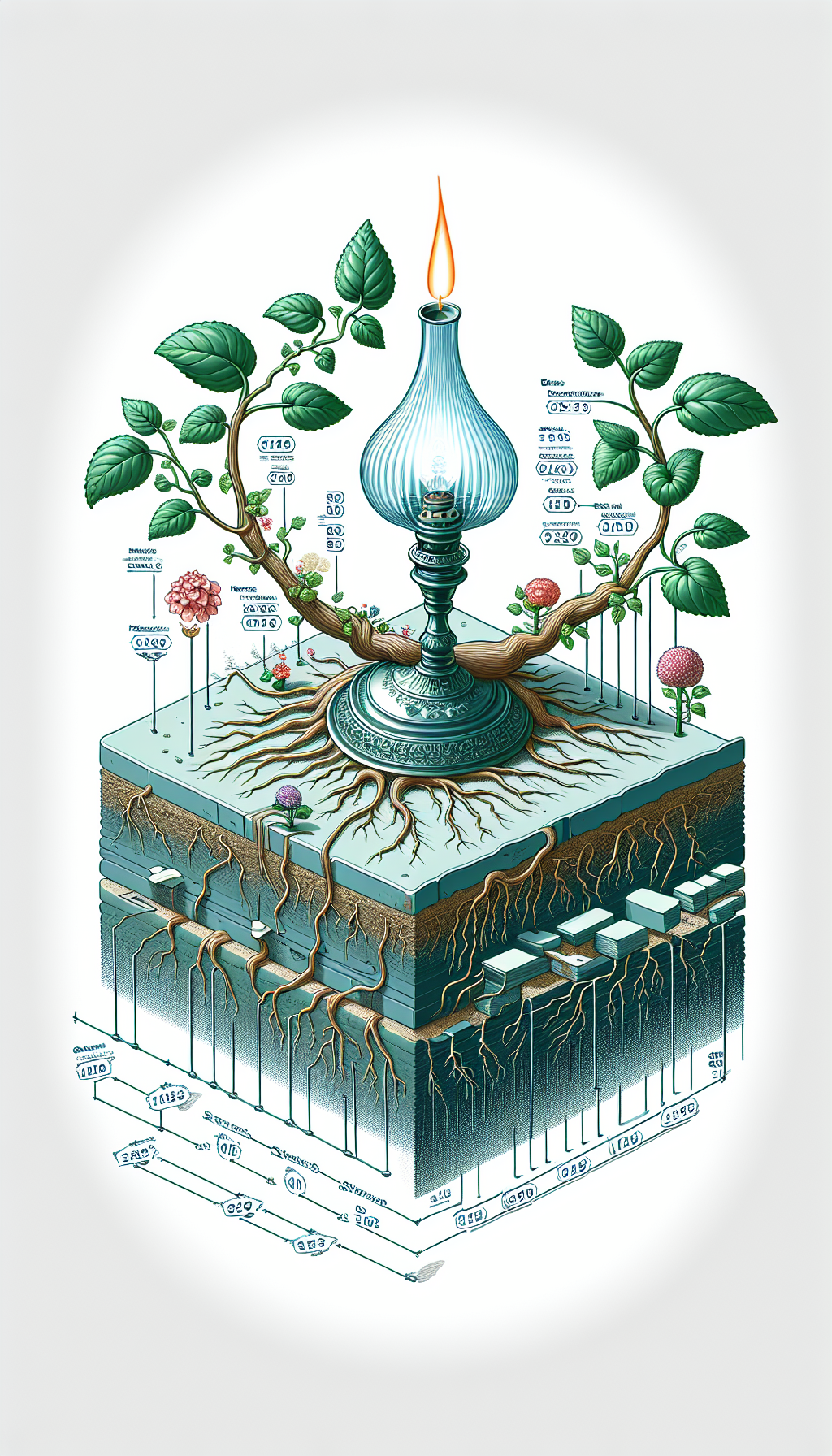 An intricate cross-section of an antique oil lamp is depicted as a flourishing infographic vine, with roots labeled 'Base' and 'Wick' at each end. As the vine ascends, blooming flowers and leaves represent key factors like rarity, age, and condition, intertwined with shimmering price tags, symbolizing the lamp's escalating value through its craftsmanship and historical significance.