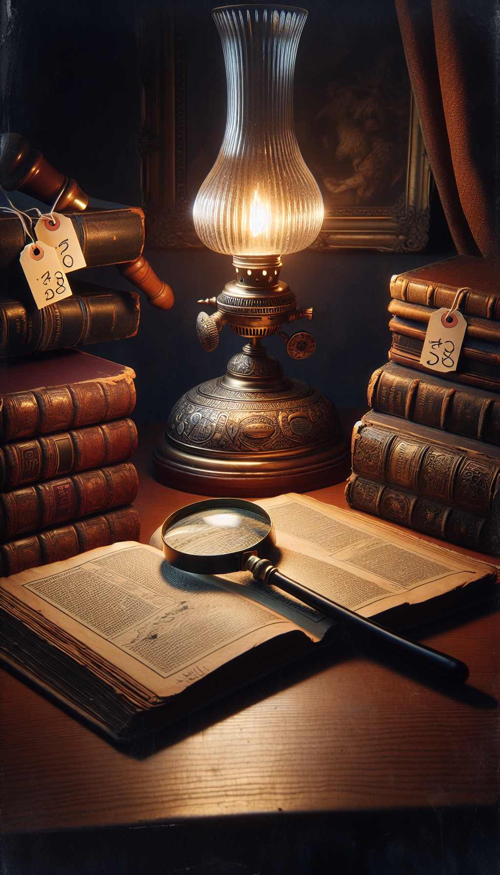 A vintage desk, bathed in the warm glow of an antique oil lamp, showcases an open book, "Collector's Guide," with magnifying glass revealing embossed marks and intricate signatures on the lamp's base. Shadowed in the background, an auctioneer's gavel hints at the lamp's high value, as a price tag with a hefty sum dangles from its ornate handle.