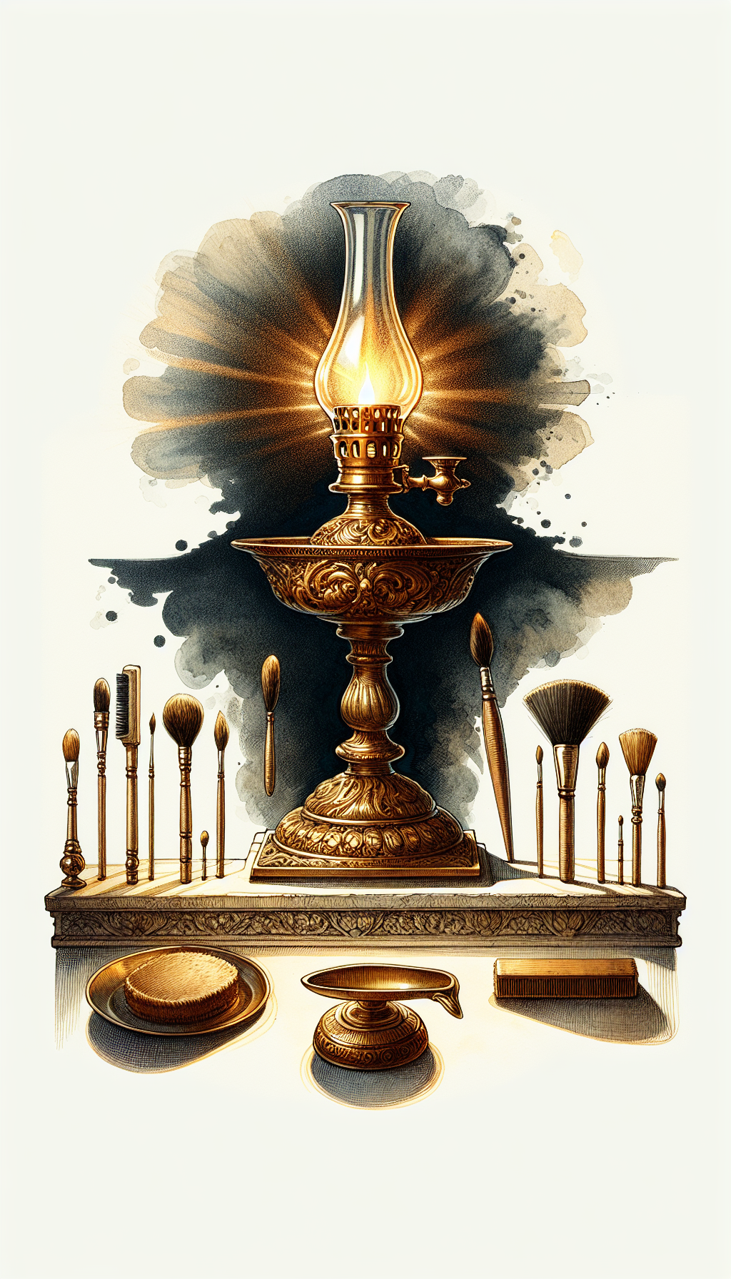 An intricate, golden antique oil lamp sits atop an ornate pedestal, its glow casting a warm light over a variety of maintenance tools—fine brushes, a soft cloth, and gentle cleansers—arranged in an arc below. The lamp shines brilliantly against a shadowy backdrop, symbolizing its elevated value through meticulous preservation, portrayed in a mix of watercolor splashes and sharp, detailed line art.