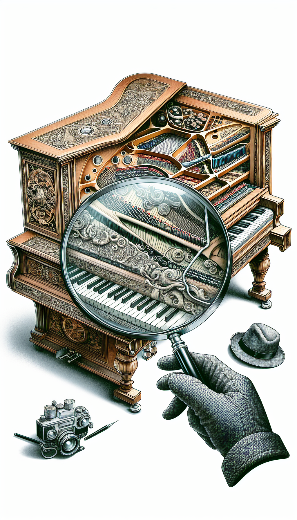 An illustration shows a magnifying glass hovering over an intricately designed section of an antique piano, with ornate carvings and historical style indicators becoming more visible under its lens. The magnifying glass reflects silhouettes of different piano eras—baroque, classical, romantic—while a detective hat atop the piano suggests the theme of investigation into the instrument's past.