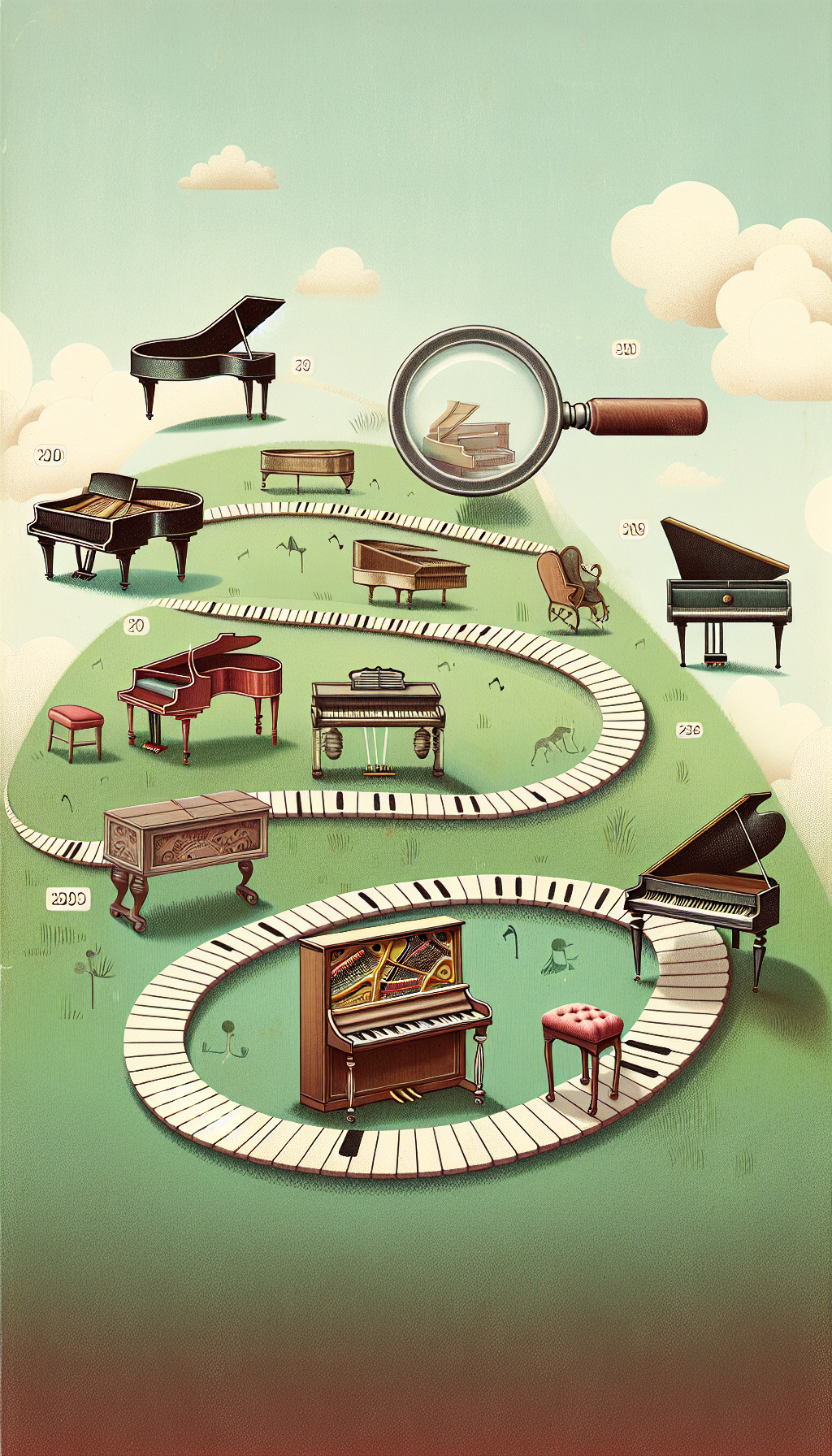 The illustration depicts a whimsical timeline with a piano keyboard path winding through different historical backdrops. At various intervals, pianos of distinct styles—harpsichord, fortepiano, and grand piano—emerge, each adorned with a magnifying glass highlighting unique features such as legs, strings, and hammers, symbolizing the subtle art of antique piano identification.