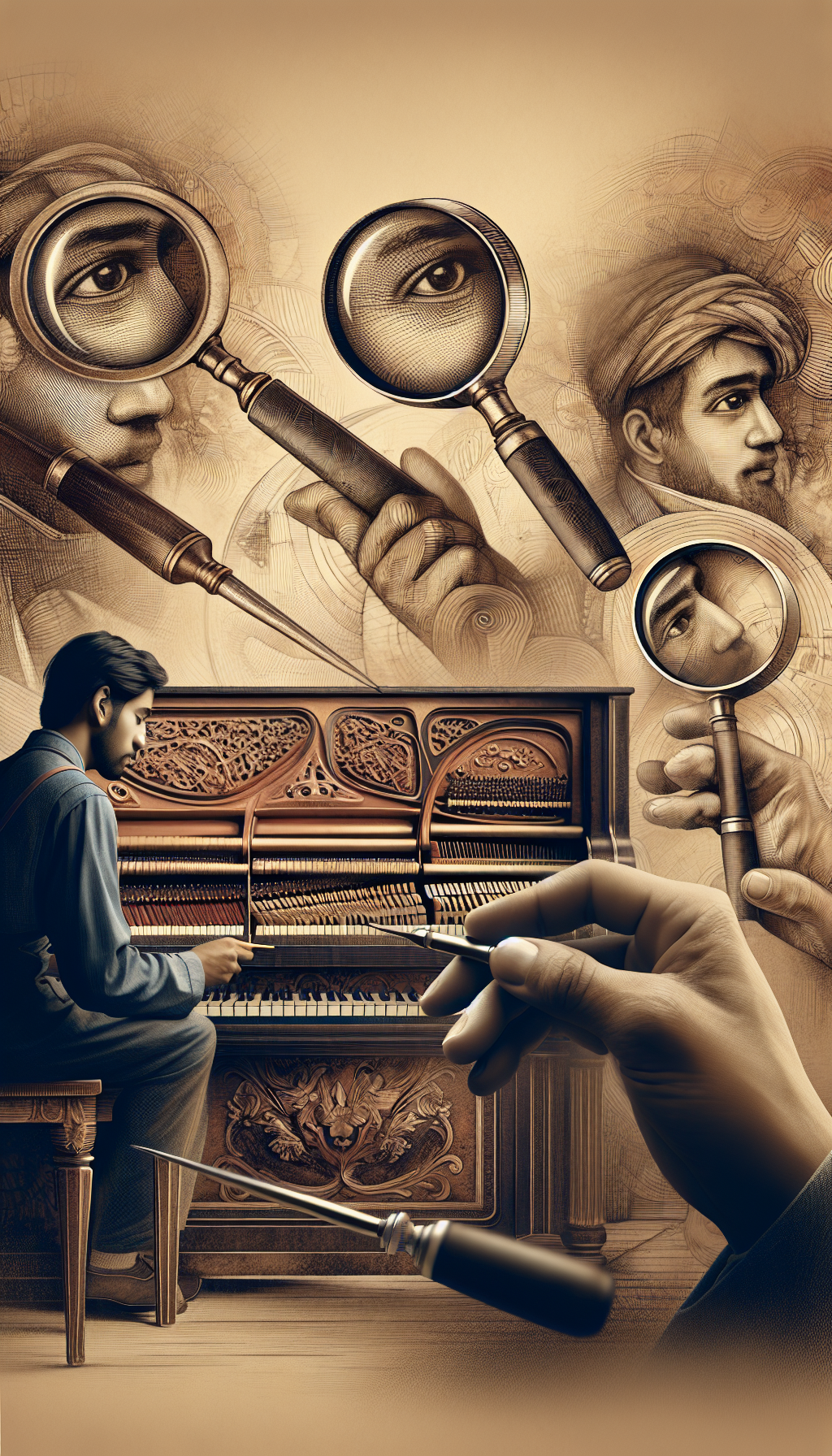 An illustration showcasing a craftsman delicately restoring an intricately designed antique piano, with magnifying glasses hovering above, each revealing a unique identifying feature of the piano (like maker’s marks and serial numbers). Style transitions from realistic detailing on the piano to whimsical, sepia-toned sketches on the edges, symbolizing the blend of authenticity and history.