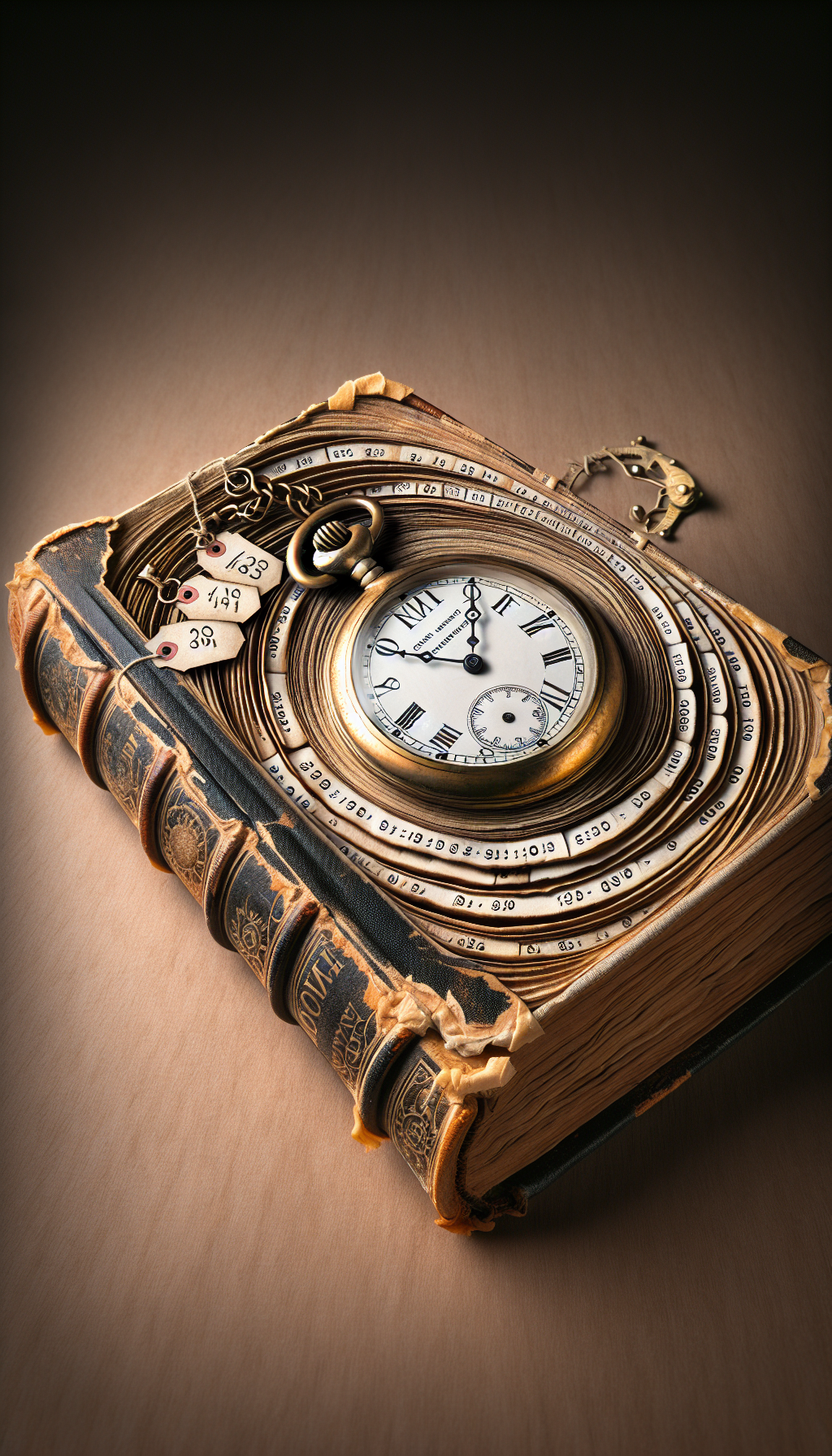 An antique pocket watch embedded in an ancient, weathered book cover, where each hour marks a significant historical era, reflecting the book's age and increasing value. The book's pages transition from crisp, white edges to a rich, golden patina, symbolizing knowledge and worth accumulated over time, while intertwined with faded price tags escalating with each passing hour.
