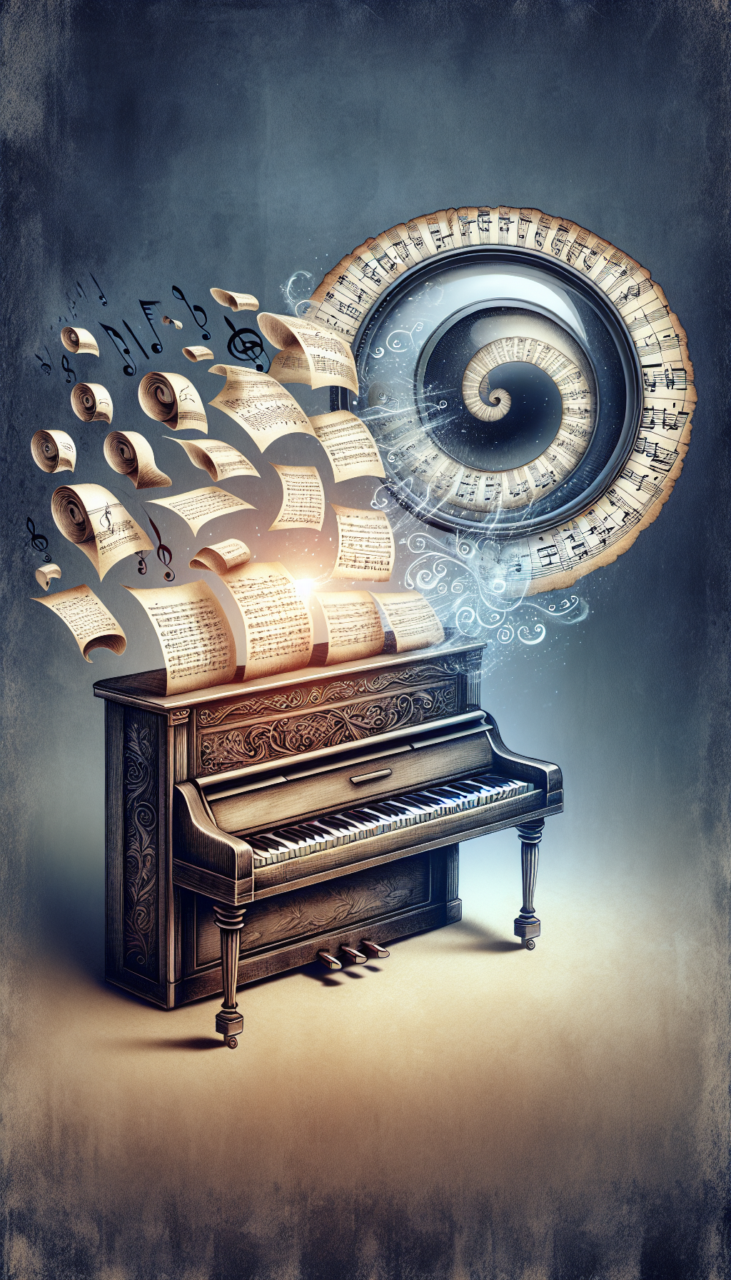 An ethereal illustration depicting a vintage piano with each of its keys morphing into scrolling historical scrolls and music sheets, hovered over by a magnifying glass that highlights unique engravings and manufacturer's marks. The piano exudes whimsical musical notes that transform into iconic landmarks and figures from different eras, symbolizing the evolution and identification of its antique lineage.