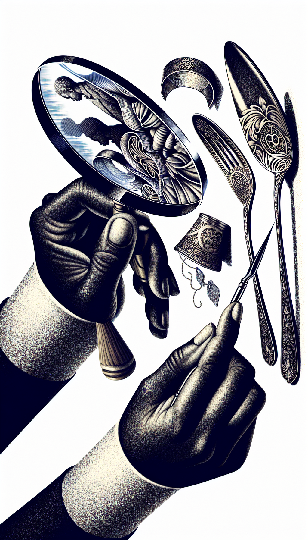 An illustration depicts an artisan's hands delicately engraving intricate patterns into a piece of antique silverware, highlighting the era's distinctive style. In the background, a magnifying glass looms over, with price tags visible through its lens reflecting the silverware's value, subtly connecting craft mastery with its evaluation in the antique market.