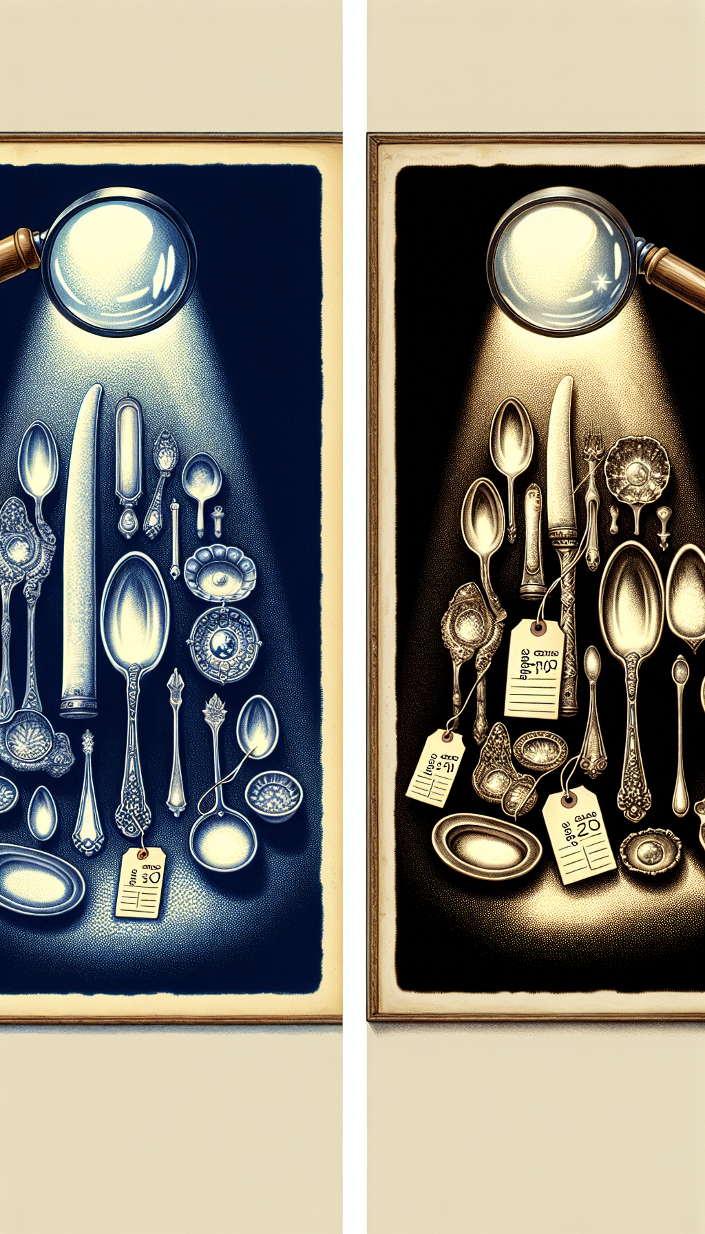 An illustration featuring a split-view comparison: on one side, a pristine antique silverware set with a magnifying glass highlighting its intricate, ornate patterns, and shimmering value tags floating above. On the other side, the same items appear tarnished, with visible dents and scratches, while diminished value tags dangle from frayed strings, all under the watchful eye of an appraiser’s lens.