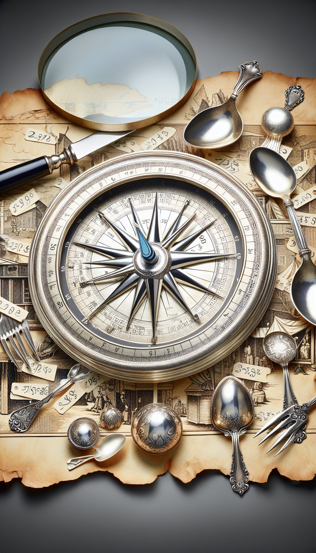 An elegant compass rose, intertwined with glimmering antique silver forks and spoons for its points, sits atop a parchment map cluttered with market stall illustrations. Various silver pieces marked with fluctuating price tags symbolize the shifting supply and demand, while a magnifying glass highlights the intricate hallmarks that determine the antique silverware's value.