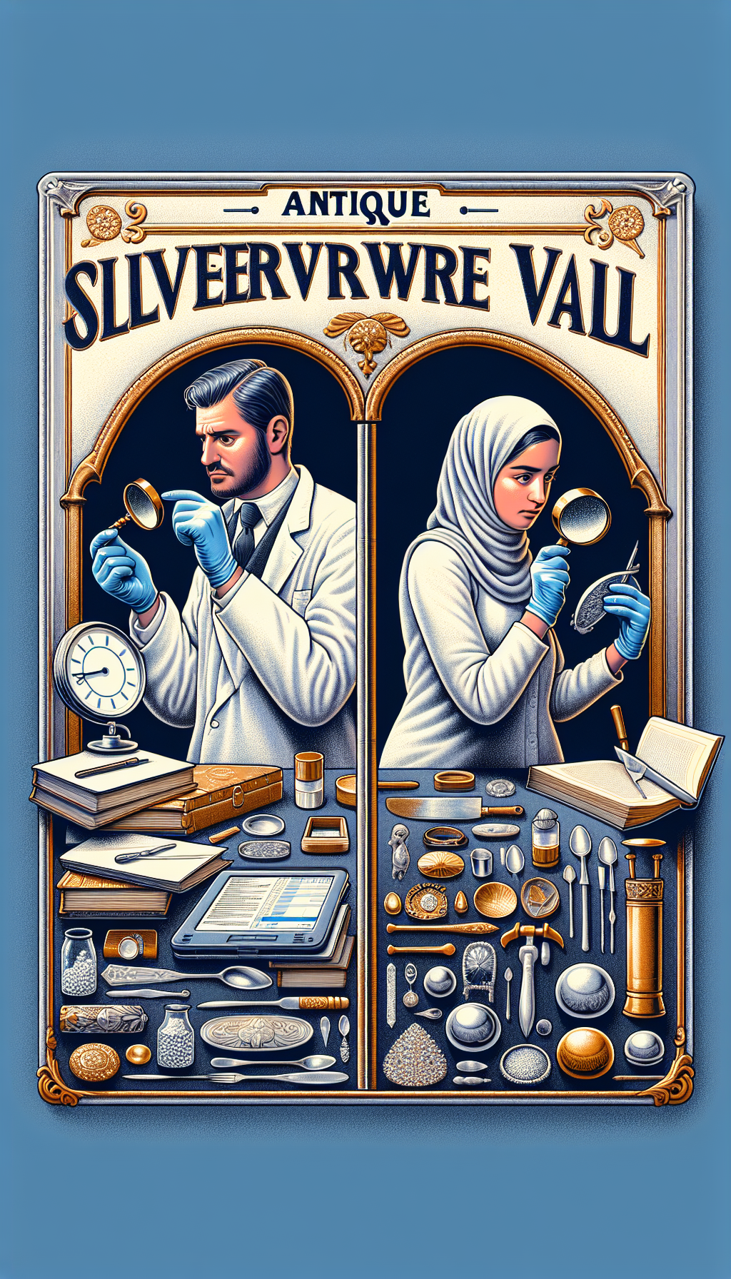 An illustration of a split scene: on one side, an expert appraiser in a lab coat, with a magnifying glass and gloves, carefully examines a piece of glittering antique silverware; the other half depicts a DIY enthusiast surrounded by books, a laptop displaying silverware databases, and a homemade testing kit—all under a gleaming title "Antique Silverware Value."