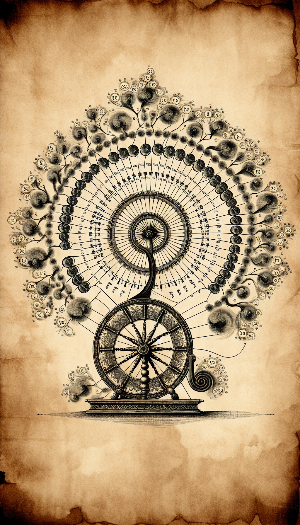 An illustration depicting a graceful, ornate spinning wheel with wisps of thread transitioning into a spiraling family tree, branches adorned with tiny price tags, each marked with increasing value as they reach back in history. The spinning wheel appears almost alive, elegantly etching its own lineage onto an aged parchment, highlighting its historical and monetary significance.