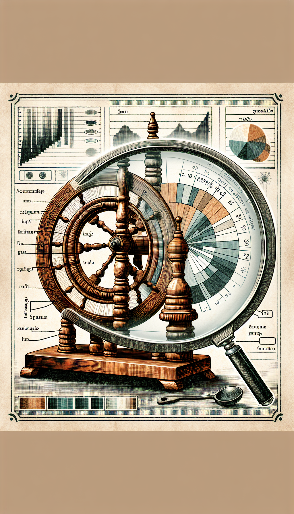 An illustration depicts a partially translucent antique spinning wheel, with its anatomy labeled - showcasing various wood grains and textures within its structure. Accompanying it, a magnifying glass hovers over distinct joints and carvings, highlighting the intricate craftsmanship. In the background, a faded price tag with a rising graph symbolizes the spinning wheel's value, merging the old with its worth in a vintage, etched art style.
