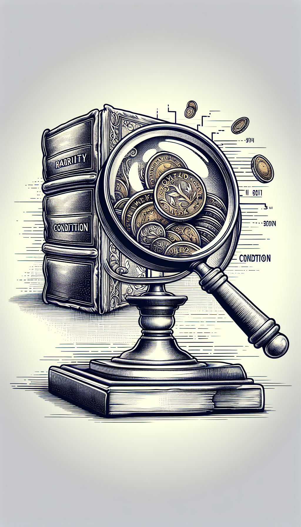 An illustration shows a magnifying glass poised over an ancient book, with "Rarity" and "Condition" written on its lenses. Gold coins and a faint condition scale are visible through the glass, symbolizing the fluctuation of antique book values. The book sits atop a podium labeled "3." The intricate line art style contrasts with the realistic shading of the book, coins, and podium.
