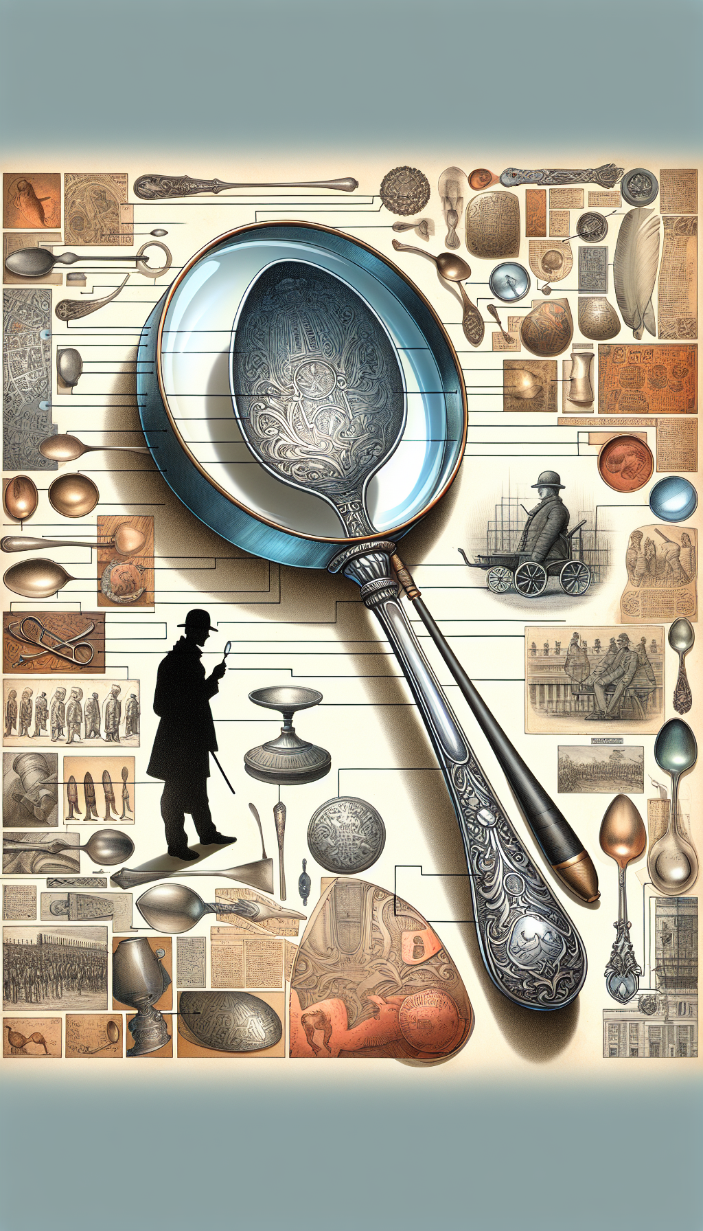 An intricate tableau portrays a magnifying glass hovering over an ornate, ancient spoon, revealing stamped hallmarks along its stem. Shadowy figures resembling renowned silversmiths are etched within the marks, while a timeline unfurls in the background, stitching dates and places into a tapestry of history, blending styles of line art, photorealism, and watercolor washes to symbolize the detective work of antique spoon identification.