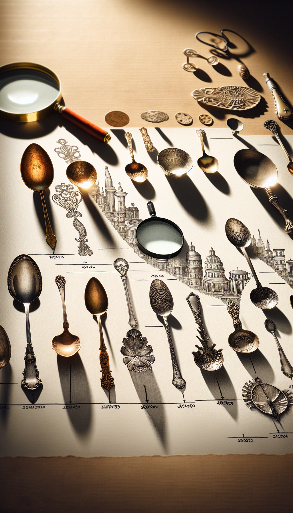 A whimsical timeline unfurls across the page, with ornately decorated, collectible spoons from different eras serving as the timeline's key markers. Each spoon casts a shadow morphing into a detective magnifying glass, symbolizing the quest for antique spoon identification, while background elements subtly transition to mirror the design aesthetics of each respective century.